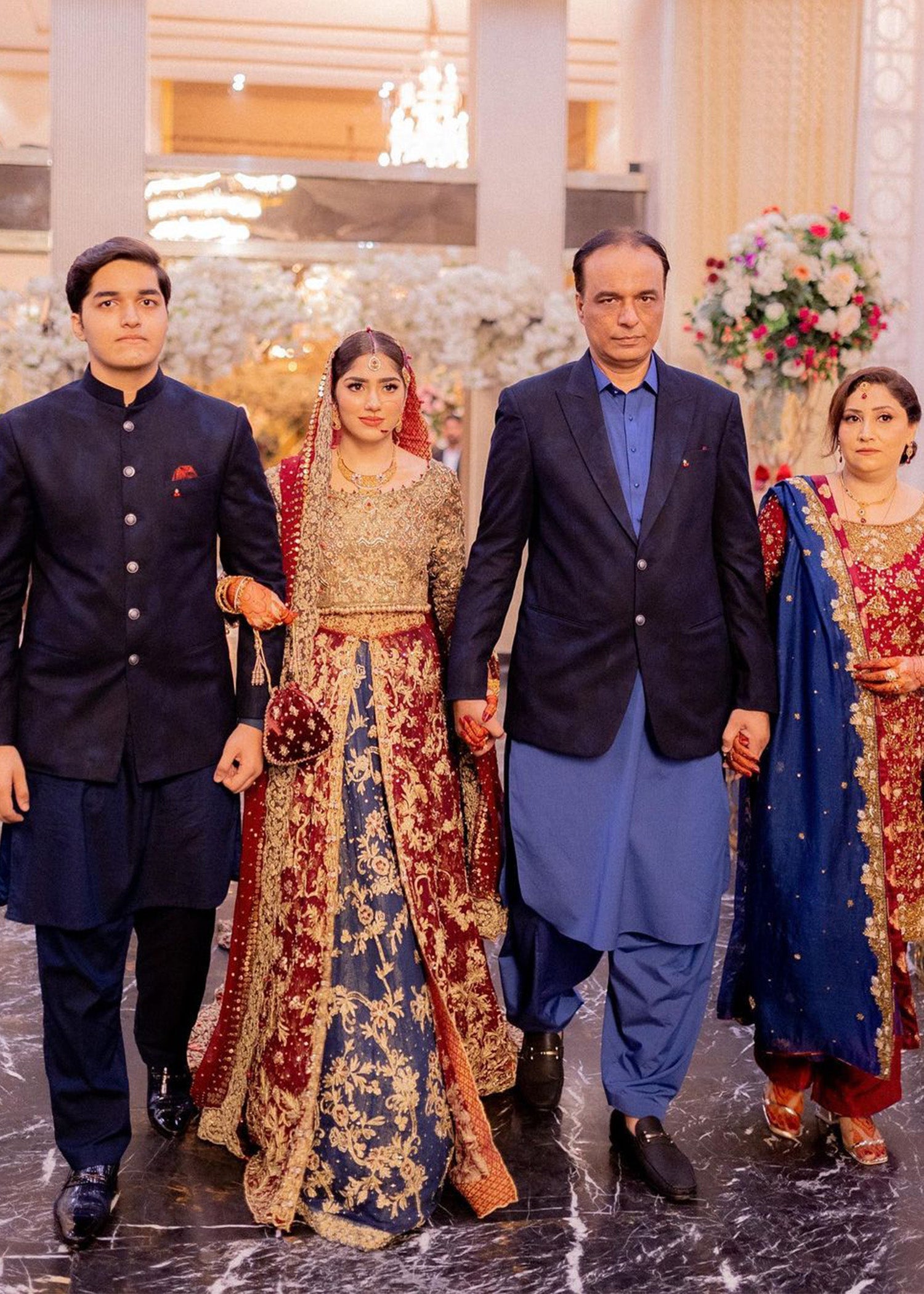 Pakistani Deep Red Gold Embroidered Silk Brocade Lehenga (3-Piece) - Image 4