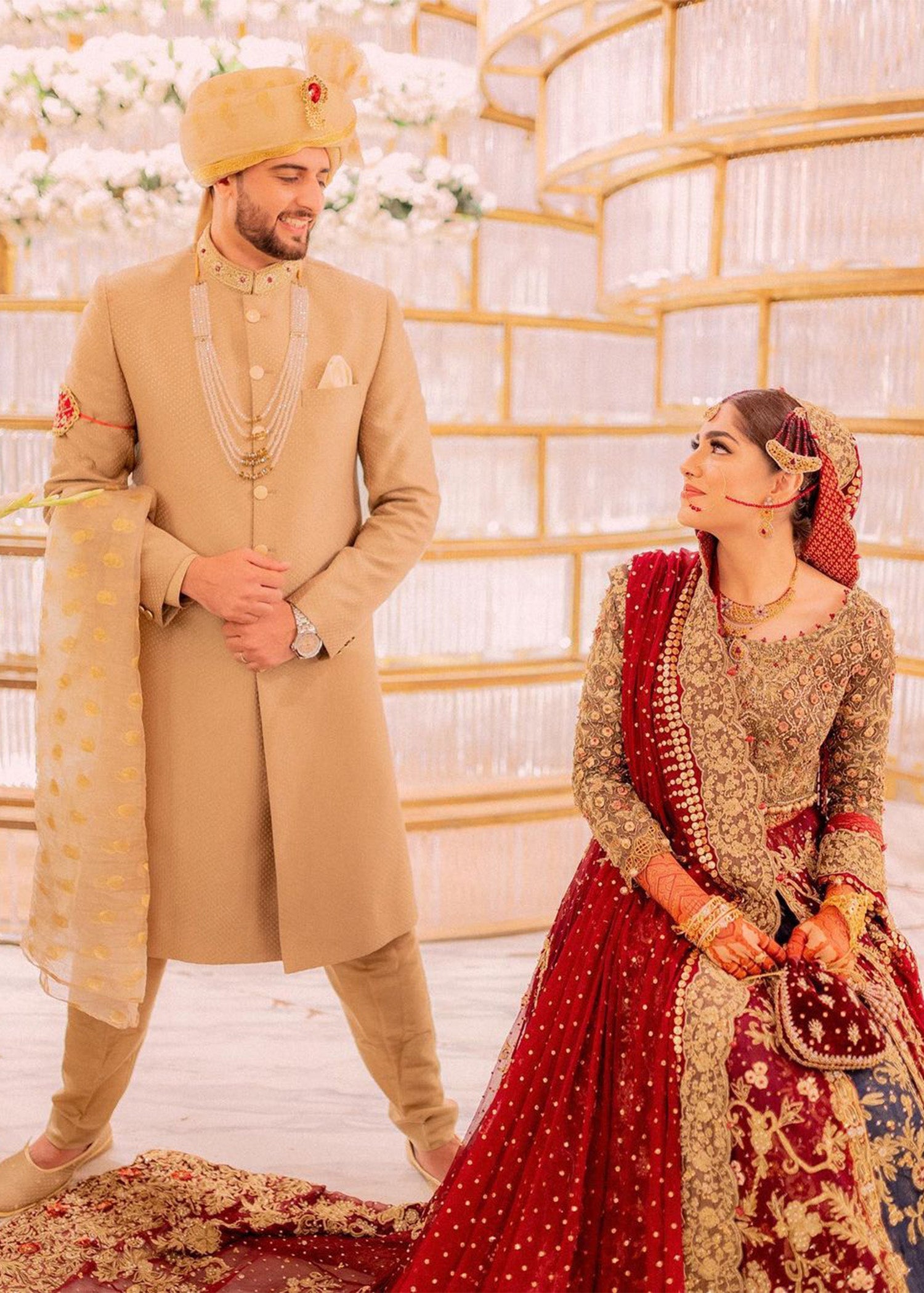 Pakistani Deep Red Gold Embroidered Silk Brocade Lehenga (3-Piece) - Image 5