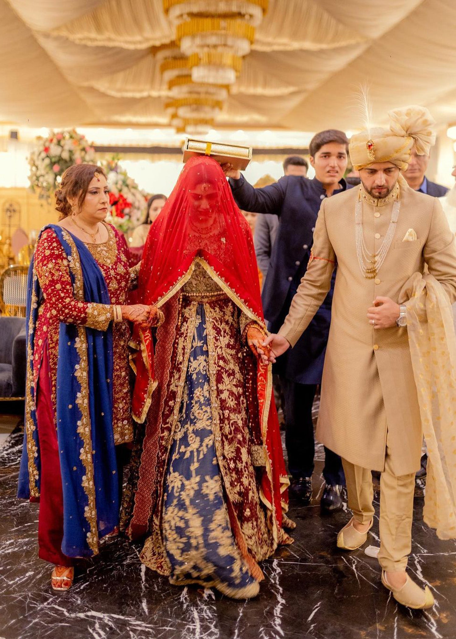 Pakistani Deep Red Gold Embroidered Silk Brocade Lehenga (3-Piece) - Image 6