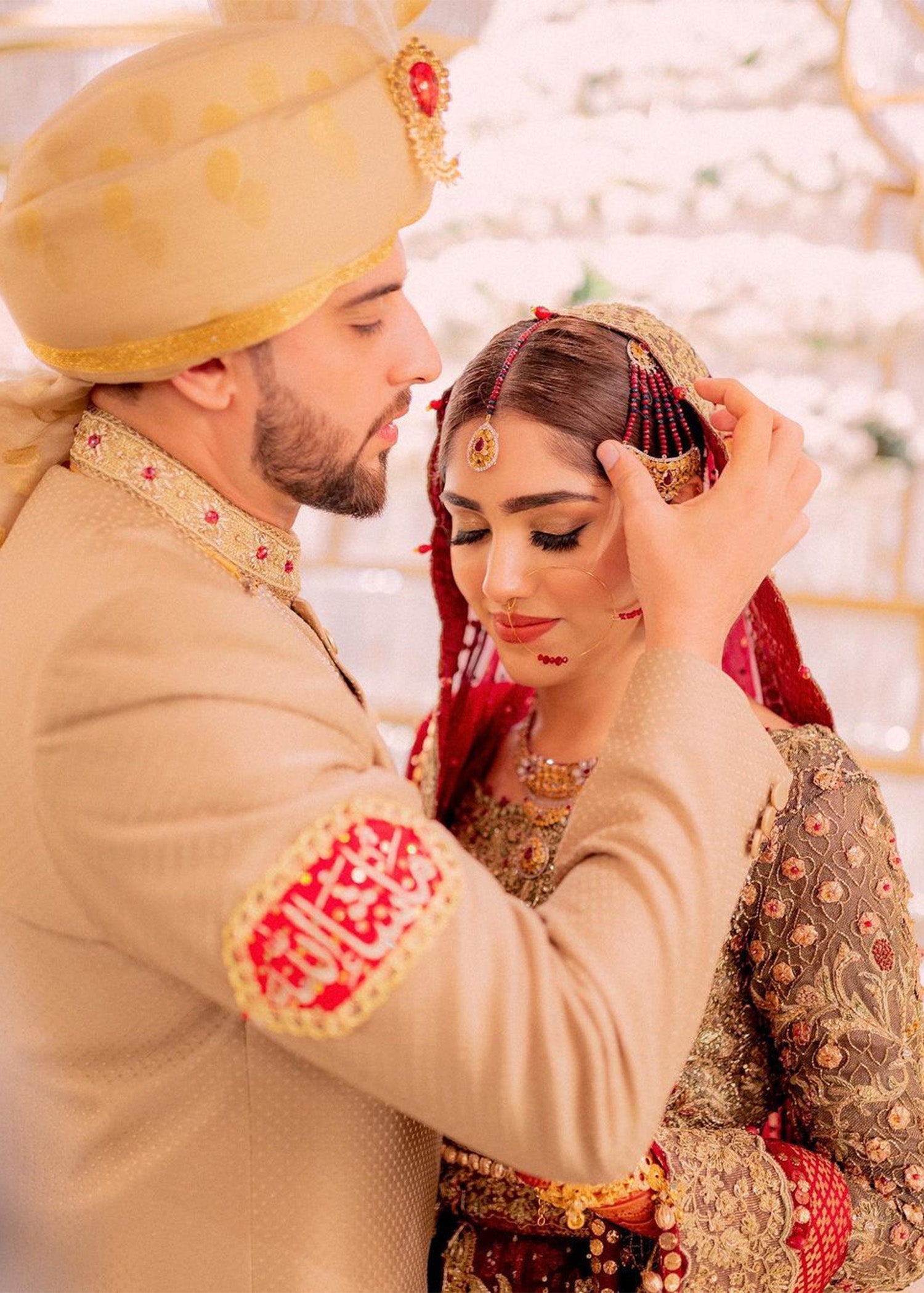 Pakistani Deep Red Gold Embroidered Silk Brocade Lehenga (3-Piece) - Image 7