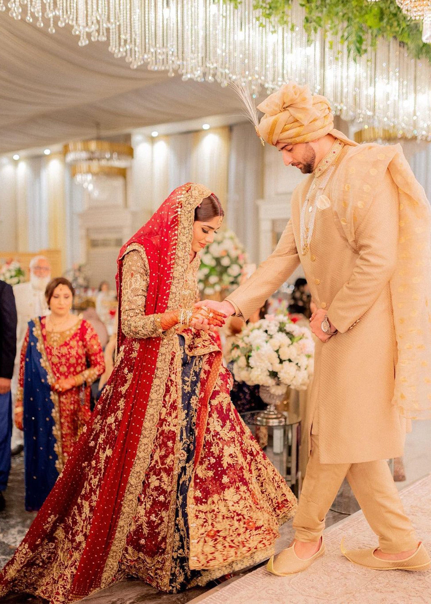 Pakistani Deep Red Gold Embroidered Silk Brocade Lehenga (3-Piece) - Image 8