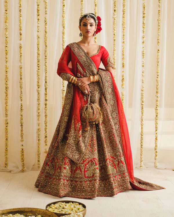 Pakistani Scarlet Gold Embellished Silk Bridal Lehenga (3-Piece) - Image 1
