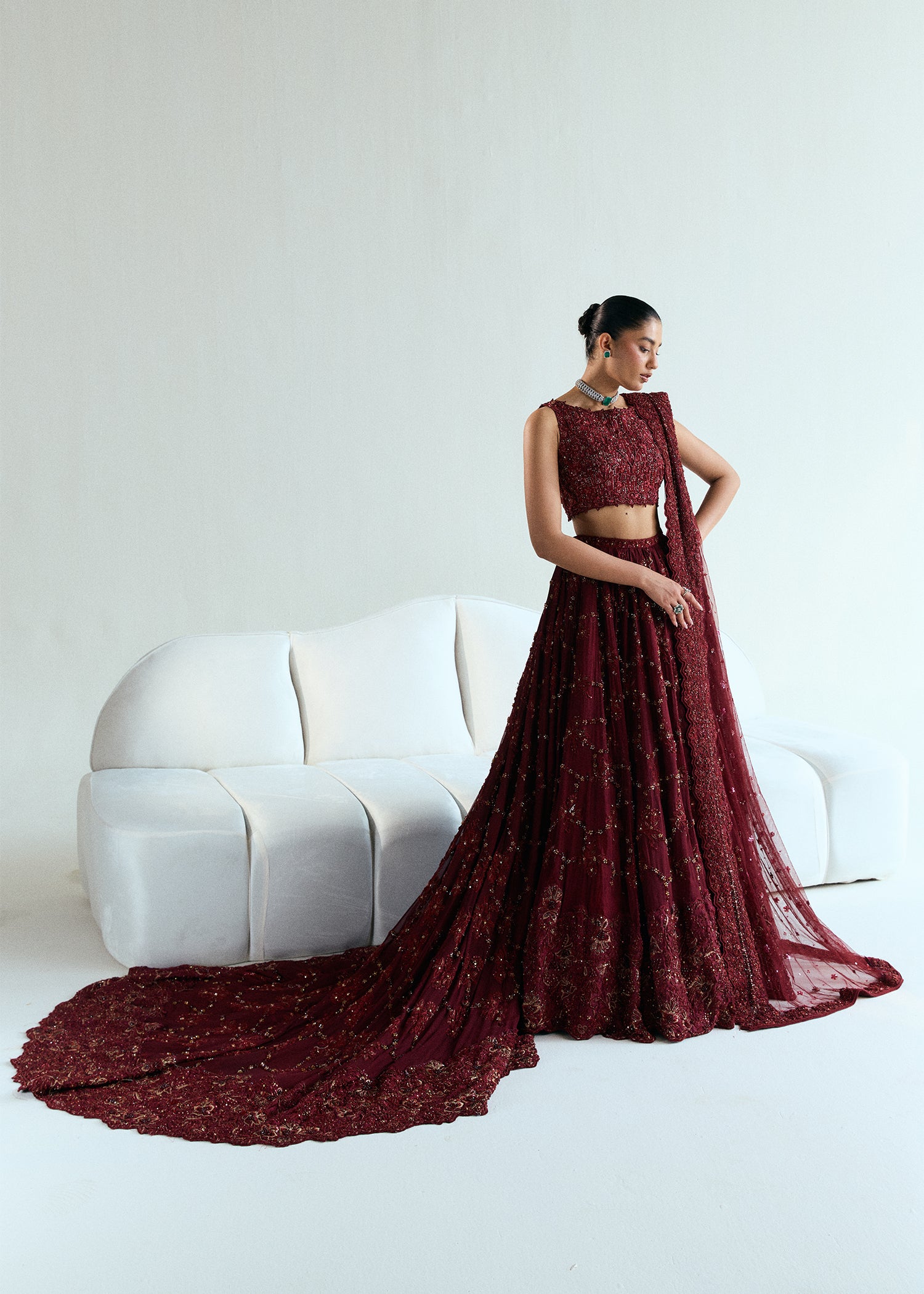 Winery Red Embellished Silk & Chiffon Bridal Lehenga (3-Piece) - Image 1
