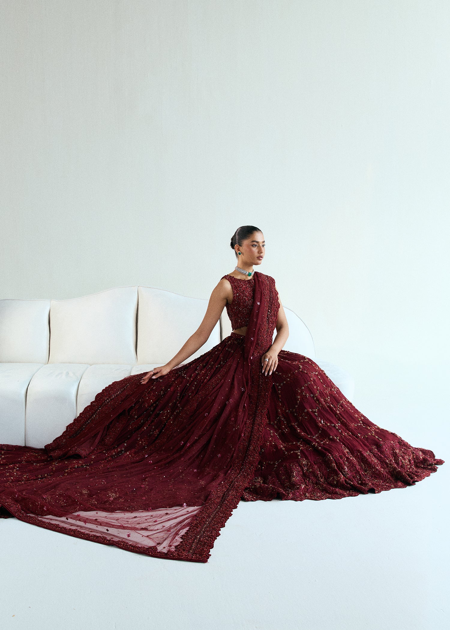 Winery Red Embellished Silk & Chiffon Bridal Lehenga (3-Piece) - Image 10