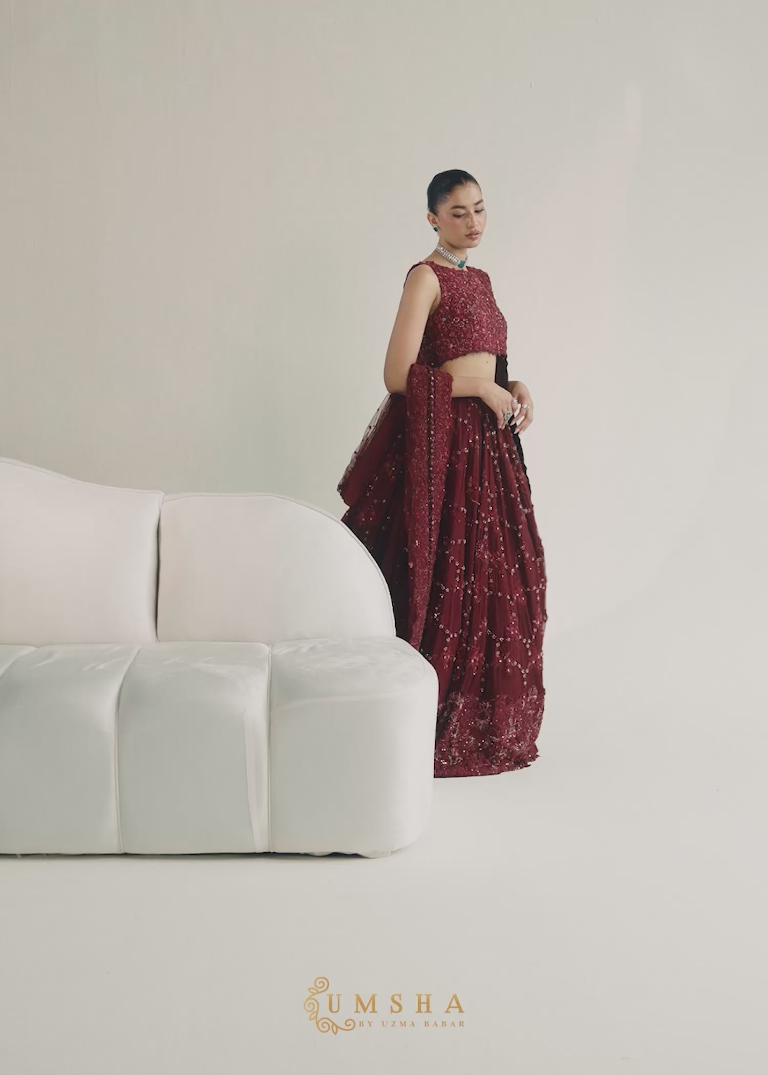 Winery Red Embellished Silk & Chiffon Bridal Lehenga (3-Piece) - Image 11