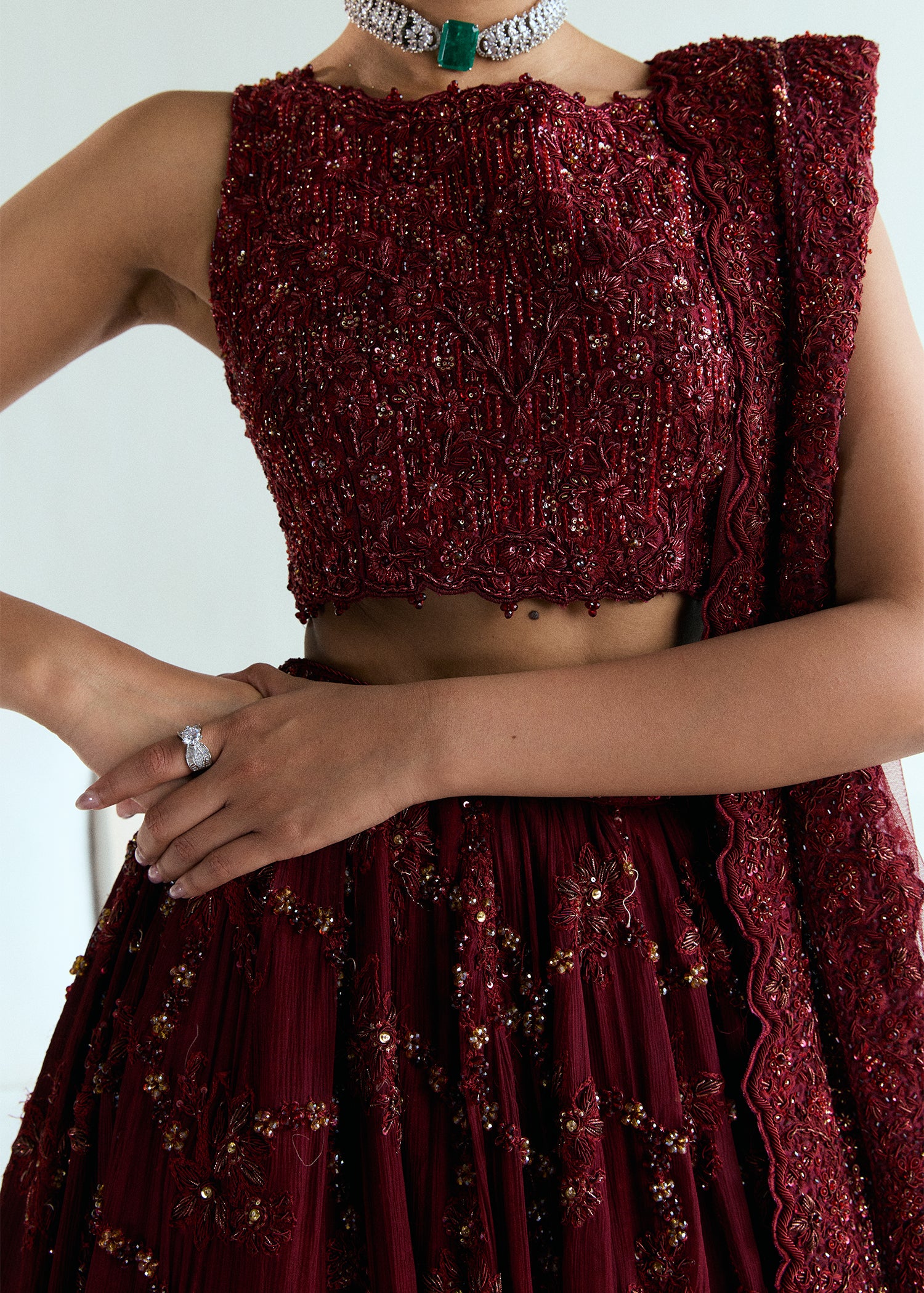 Winery Red Embellished Silk & Chiffon Bridal Lehenga (3-Piece) - Image 2