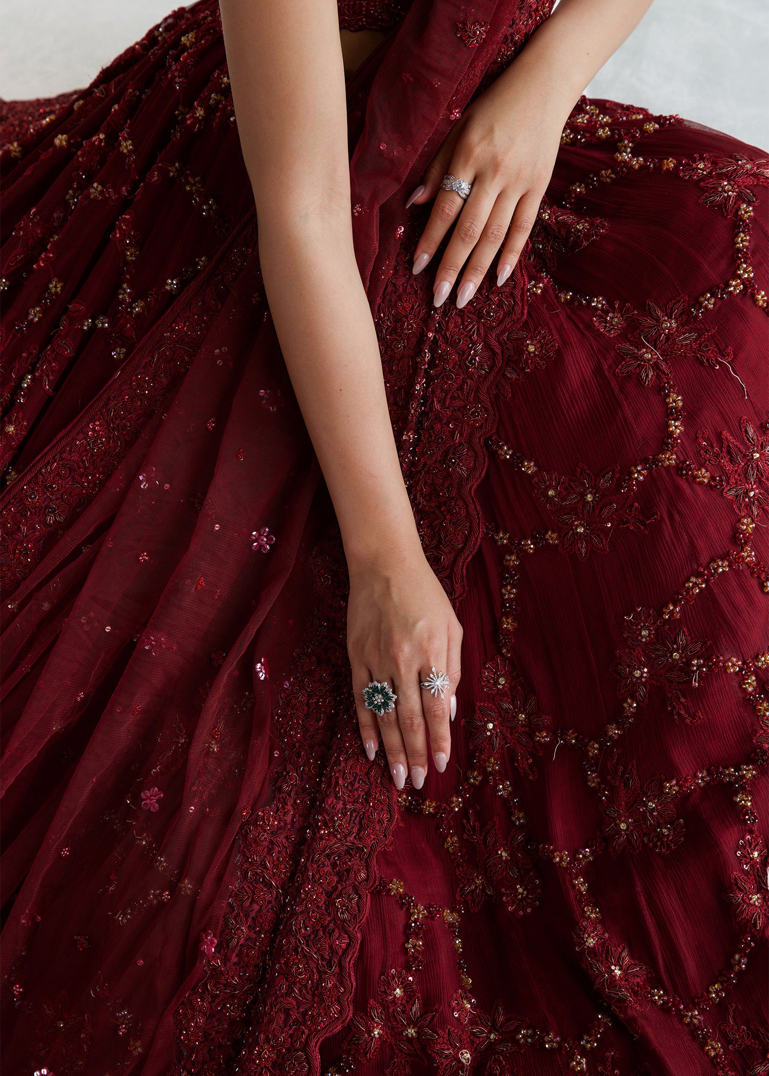 Winery Red Embellished Silk & Chiffon Bridal Lehenga (3-Piece) - Image 4