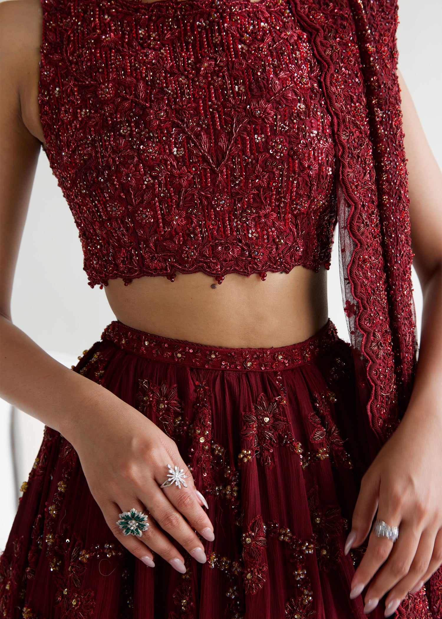 Winery Red Embellished Silk & Chiffon Bridal Lehenga (3-Piece) - Image 7