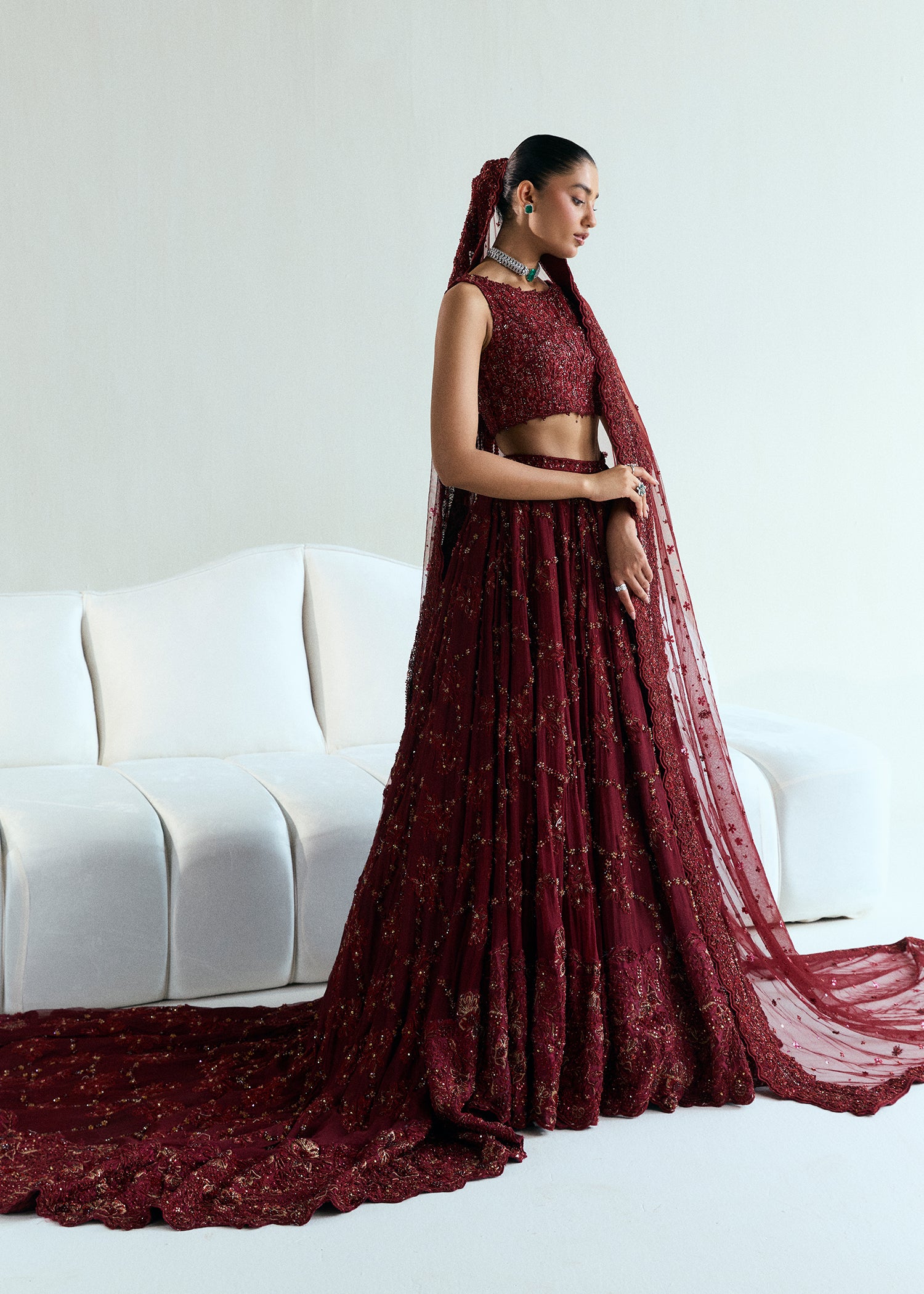Winery Red Embellished Silk & Chiffon Bridal Lehenga (3-Piece) - Image 8