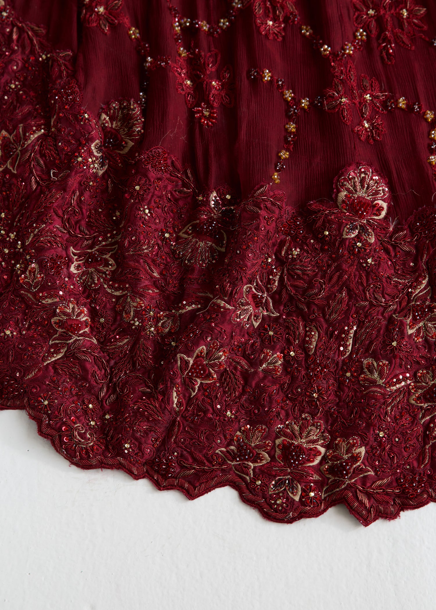 Winery Red Embellished Silk & Chiffon Bridal Lehenga (3-Piece) - Image 9