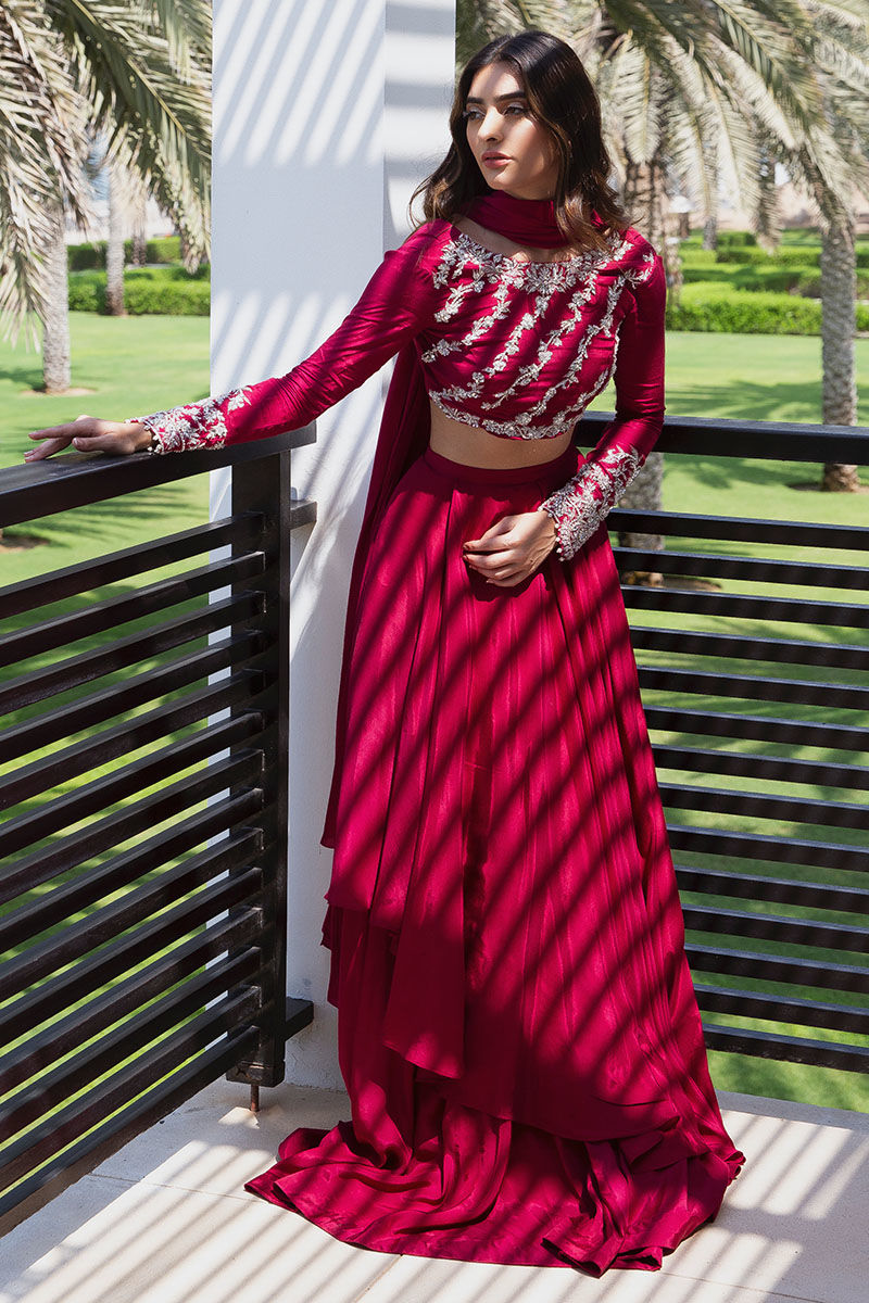 Pakistani Garnet Red Embellished Pure Silk Lehnga Choli (3-Piece) - Image 1