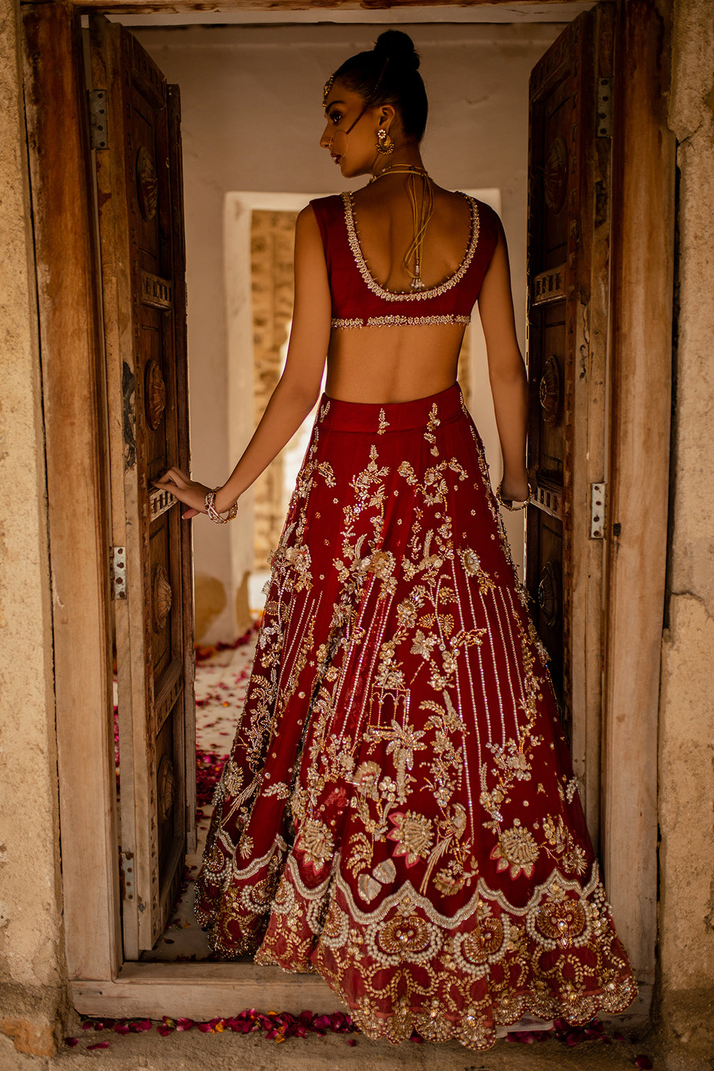 Deep Red Hand-Embellished Silk Lehenga (3-Piece) - Image 1