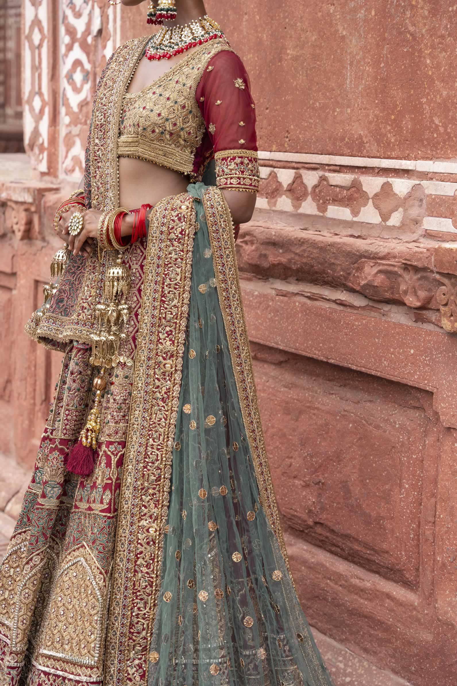 Pakistani Deep Red Embroidered Silk Bridal Lehenga Choli (3-Piece) - Image 11