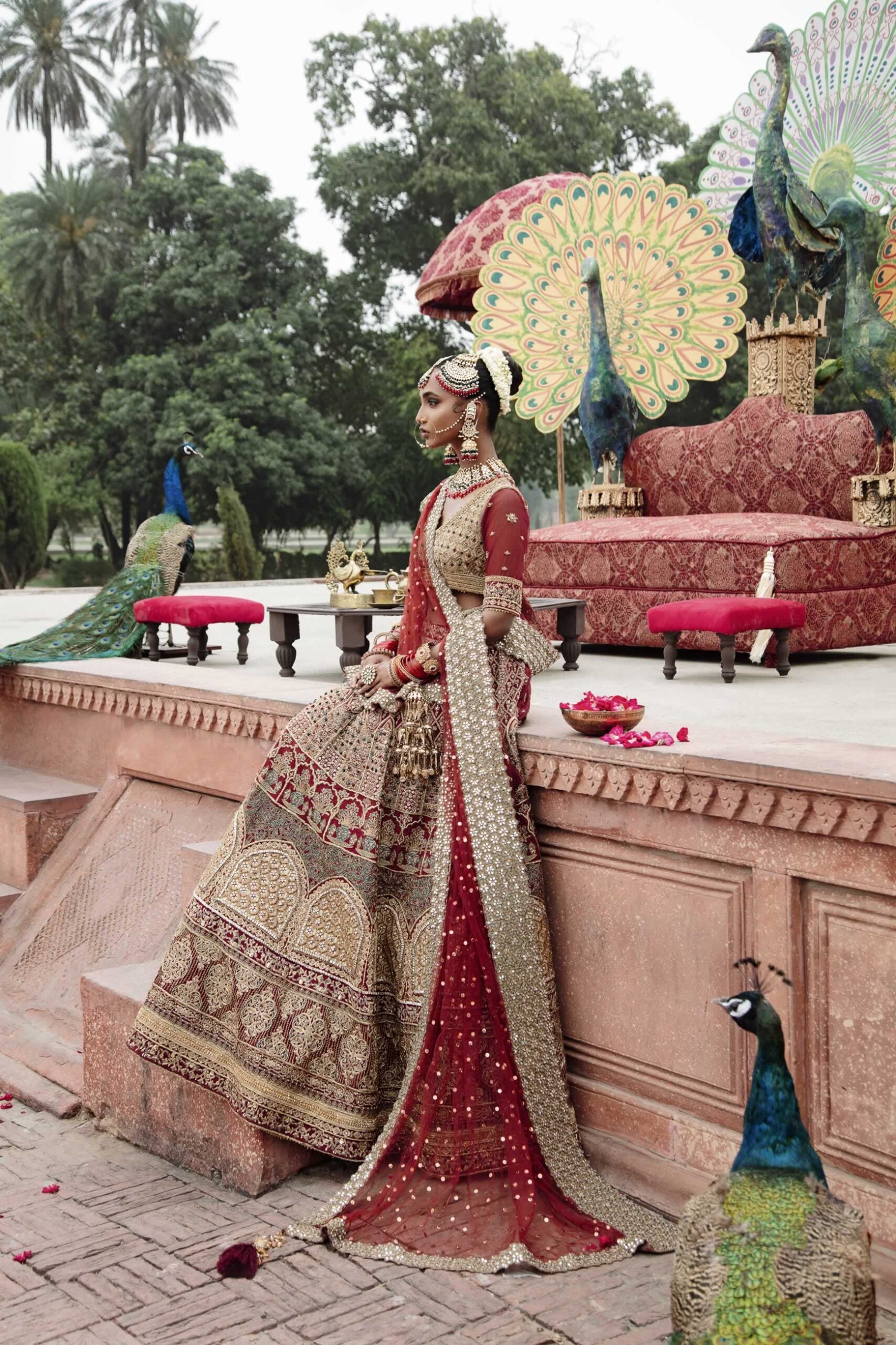 Pakistani Deep Red Embroidered Silk Bridal Lehenga Choli (3-Piece) - Image 12