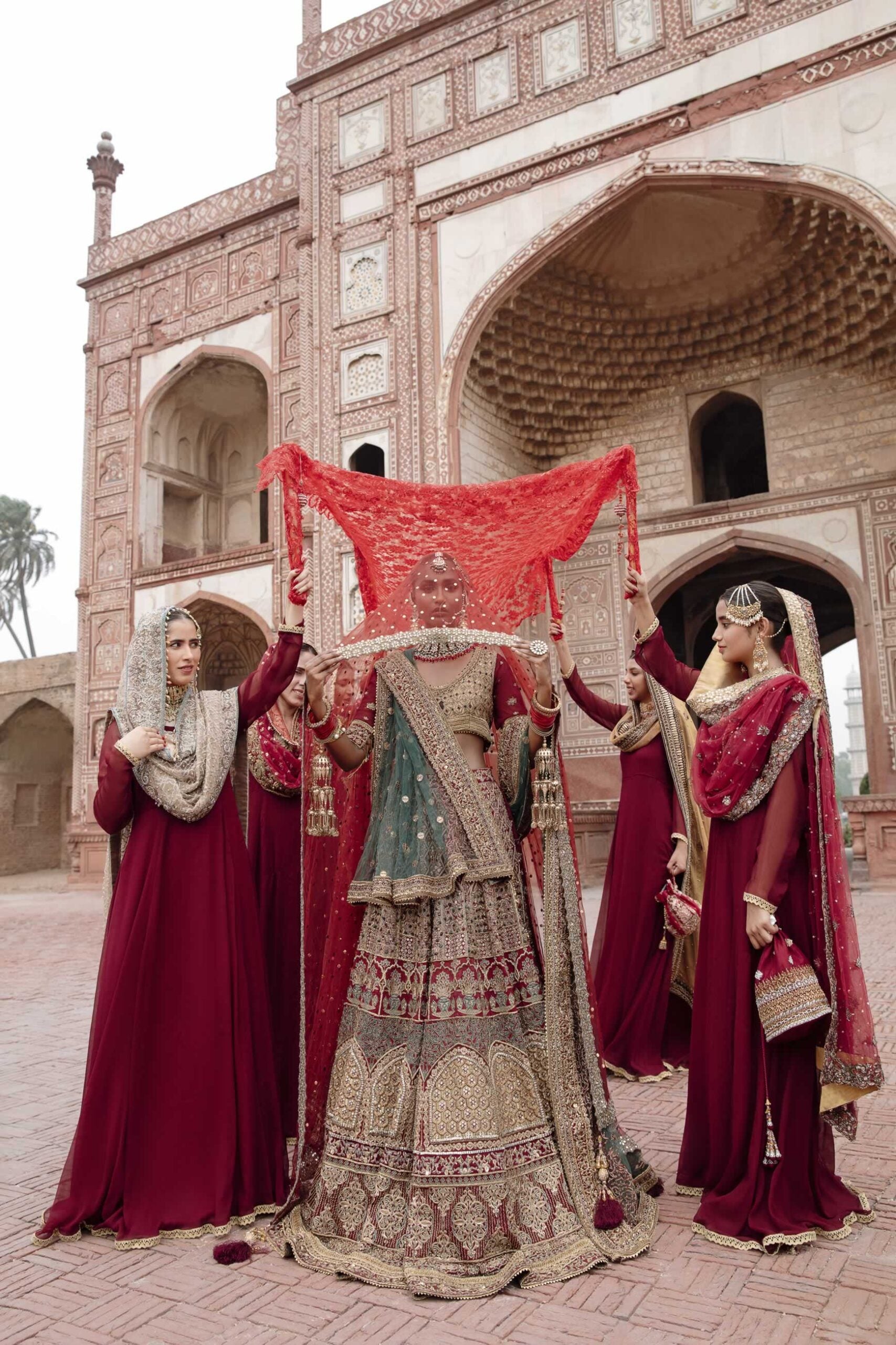 Pakistani Deep Red Embroidered Silk Bridal Lehenga Choli (3-Piece) - Image 13