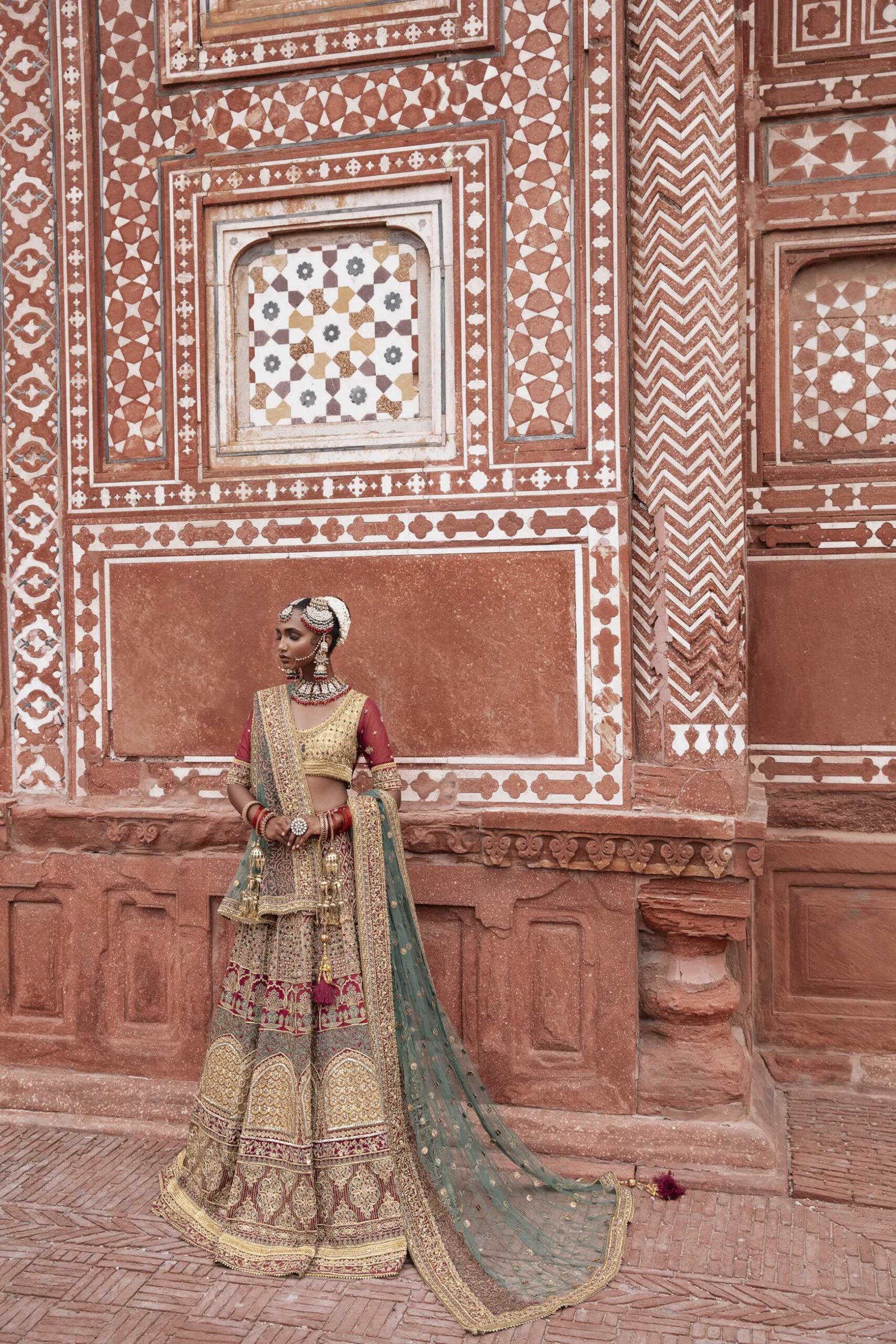 Pakistani Deep Red Embroidered Silk Bridal Lehenga Choli (3-Piece) - Image 2