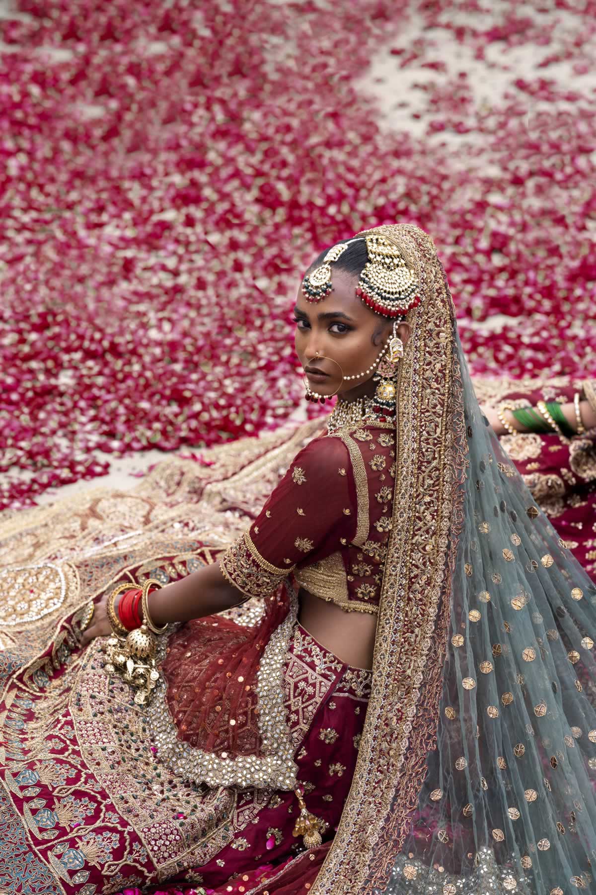 Pakistani Deep Red Embroidered Silk Bridal Lehenga Choli (3-Piece) - Image 7