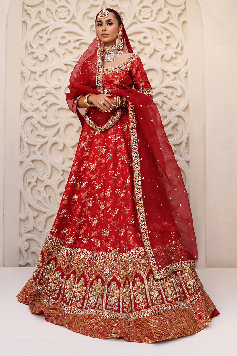 Red Gold Embroidered Silk Bridal Lehenga (3-Piece) - Image 1
