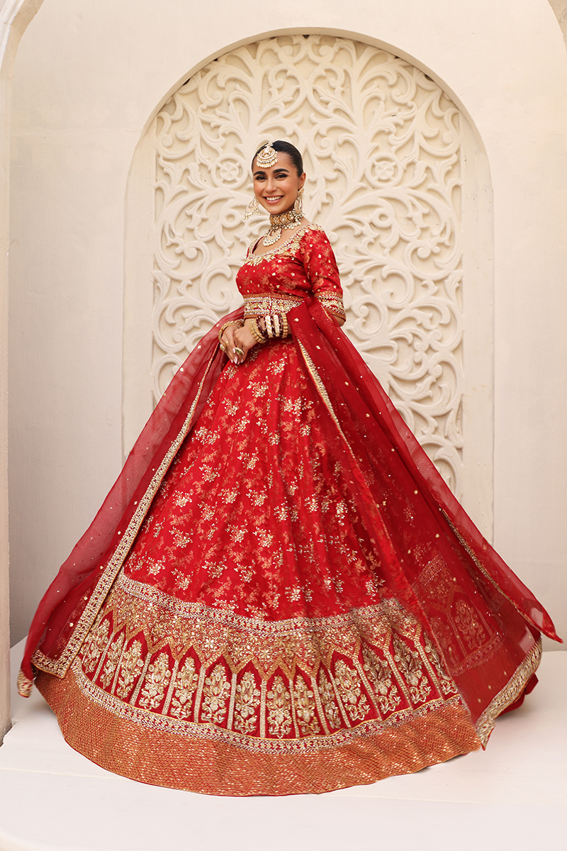Red Gold Embroidered Silk Bridal Lehenga (3-Piece) - Image 2
