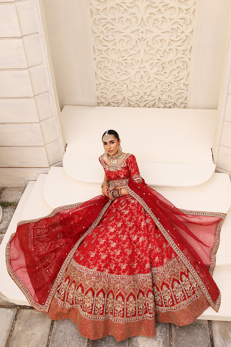 Red Gold Embroidered Silk Bridal Lehenga (3-Piece) - Image 3