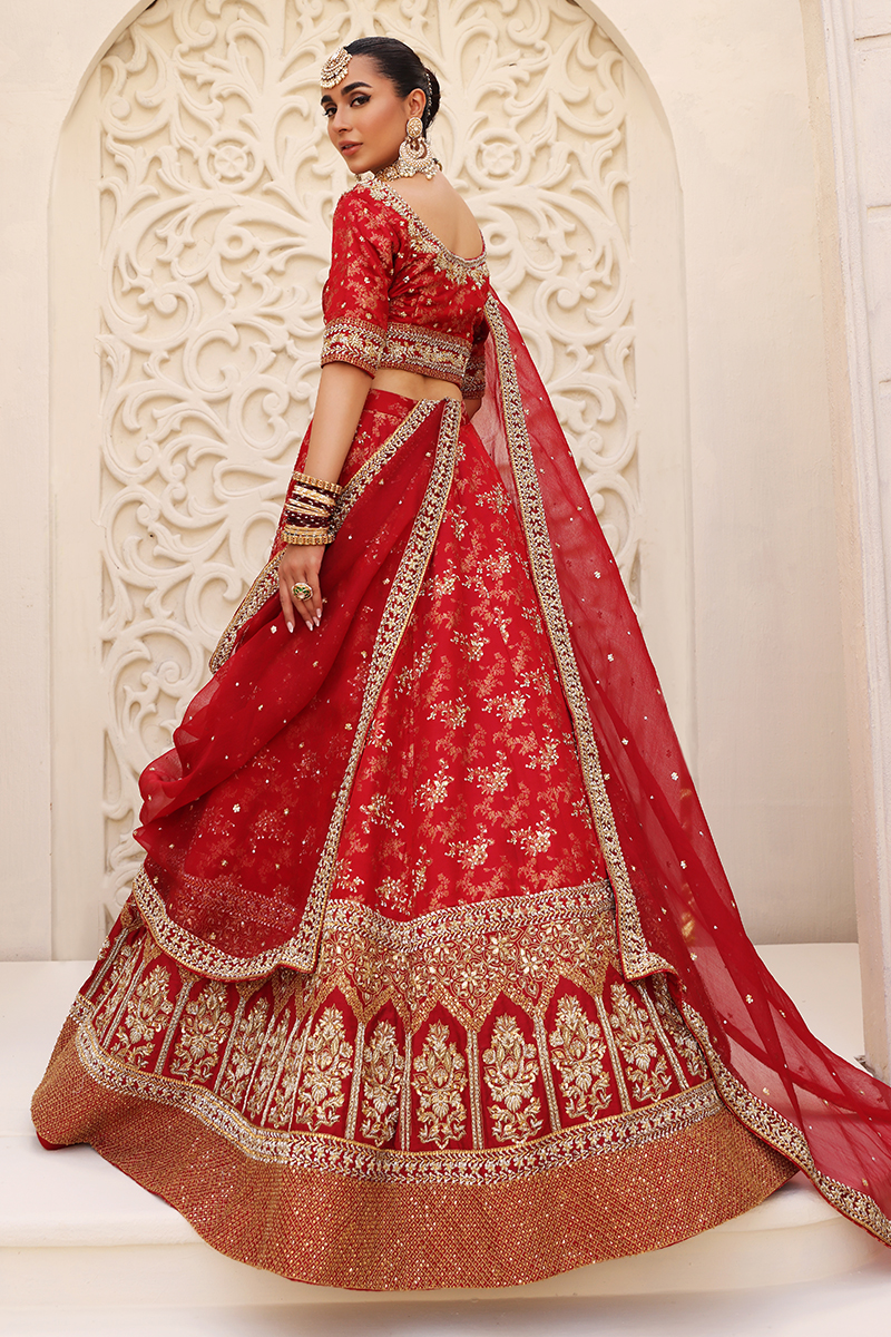 Red Gold Embroidered Silk Bridal Lehenga (3-Piece) - Image 4