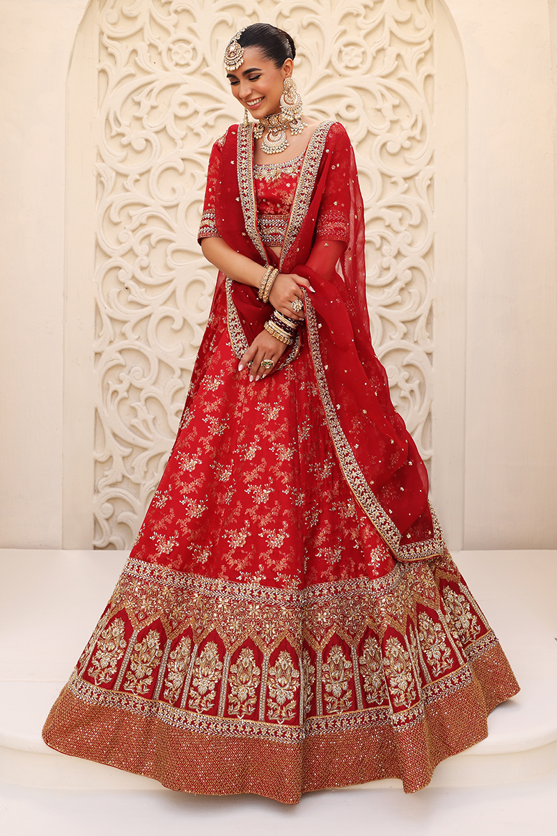 Red Gold Embroidered Silk Bridal Lehenga (3-Piece) - Image 6