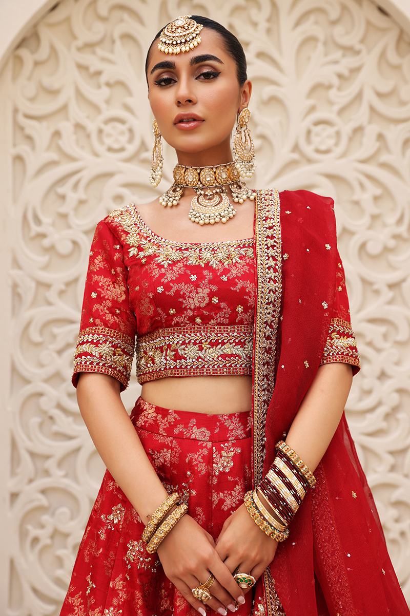 Red Gold Embroidered Silk Bridal Lehenga (3-Piece) - Image 7