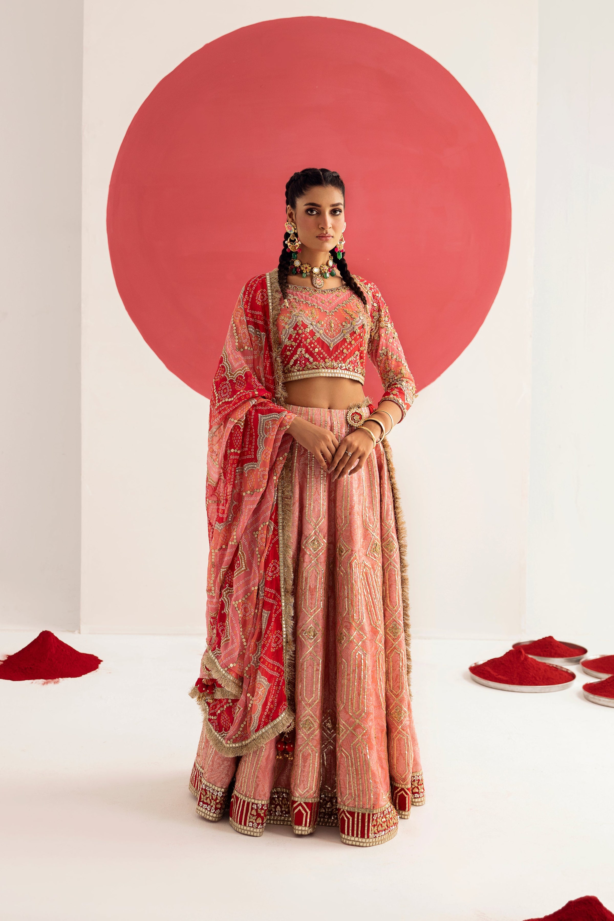 Pakistani Tango Red Zardozi Silk Georgette & Jamawar Lehenga (3-Piece) - Image 1