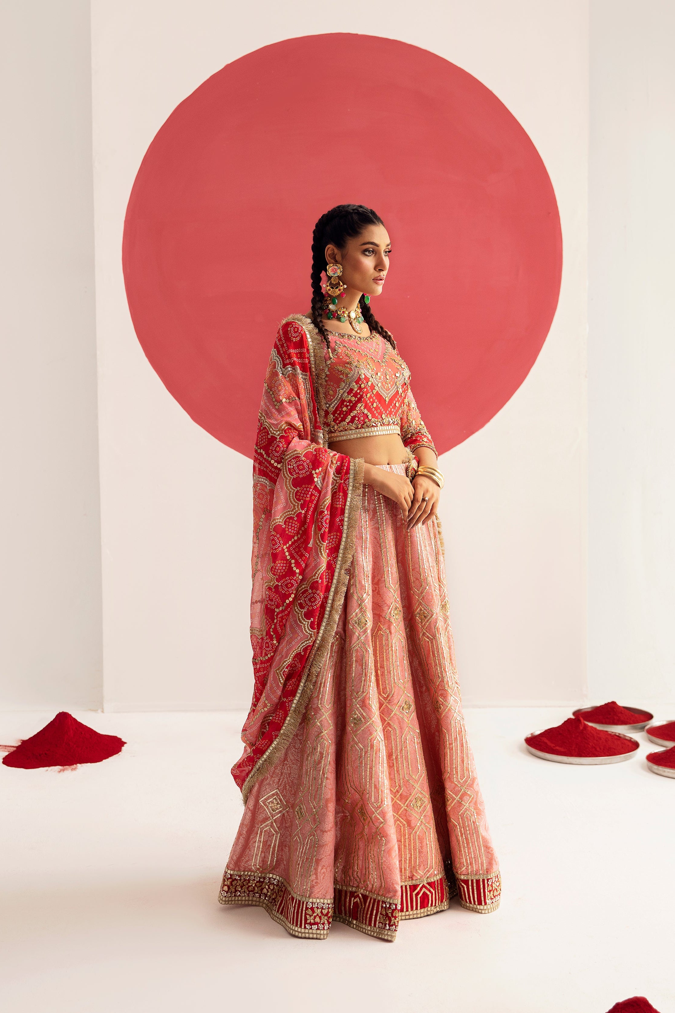 Pakistani Tango Red Zardozi Silk Georgette & Jamawar Lehenga (3-Piece) - Image 2