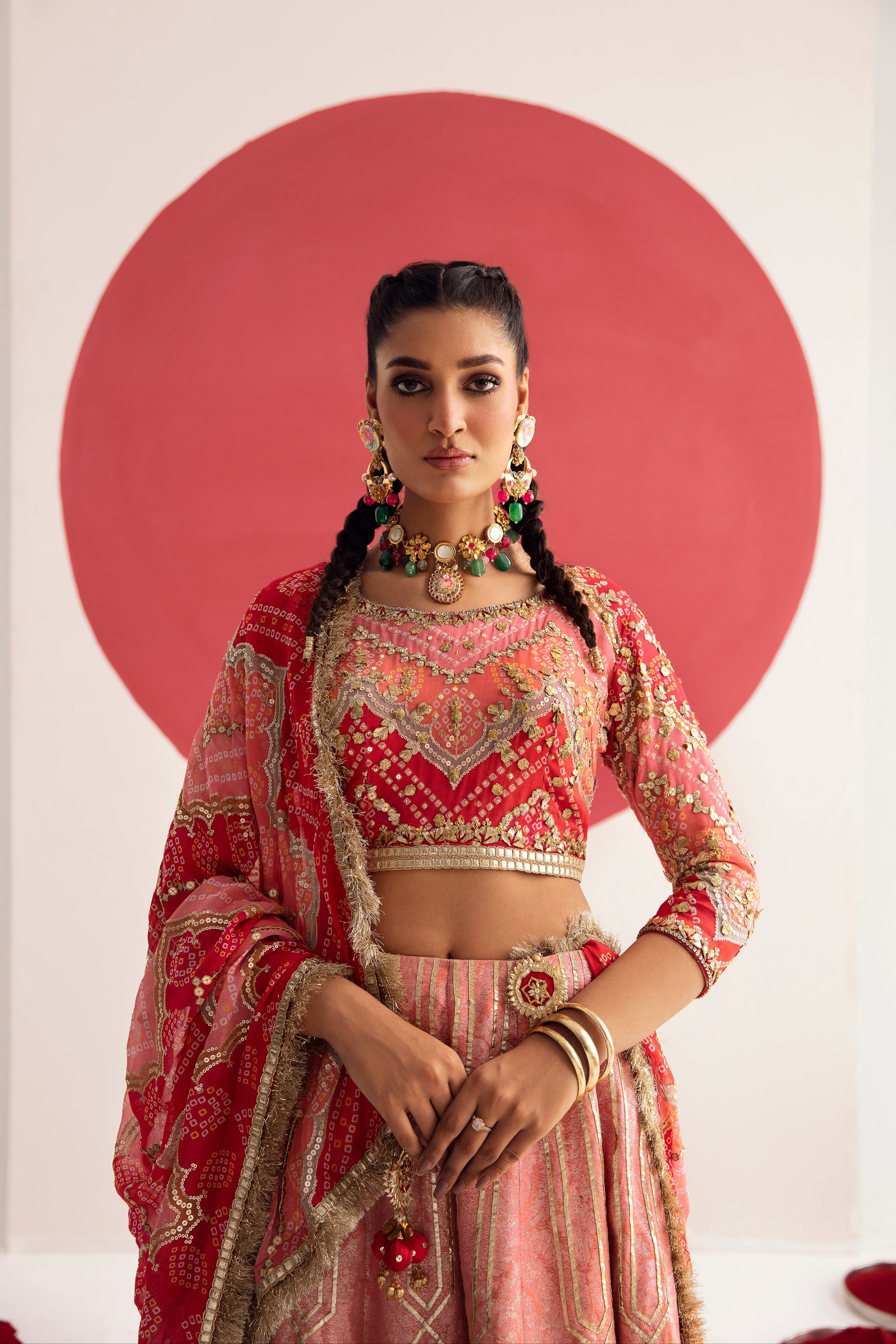 Pakistani Tango Red Zardozi Silk Georgette & Jamawar Lehenga (3-Piece) - Image 3