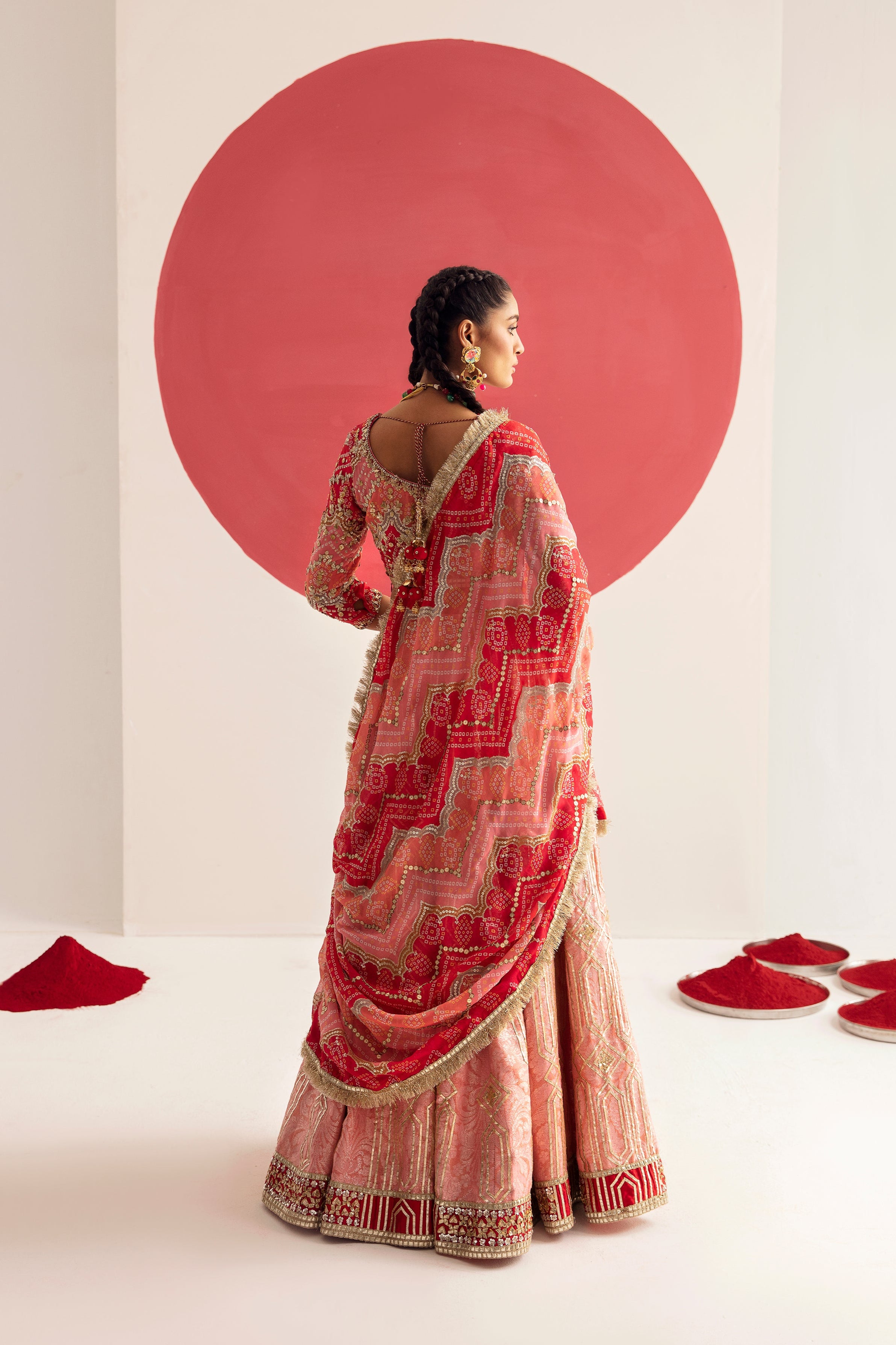 Pakistani Tango Red Zardozi Silk Georgette & Jamawar Lehenga (3-Piece) - Image 4