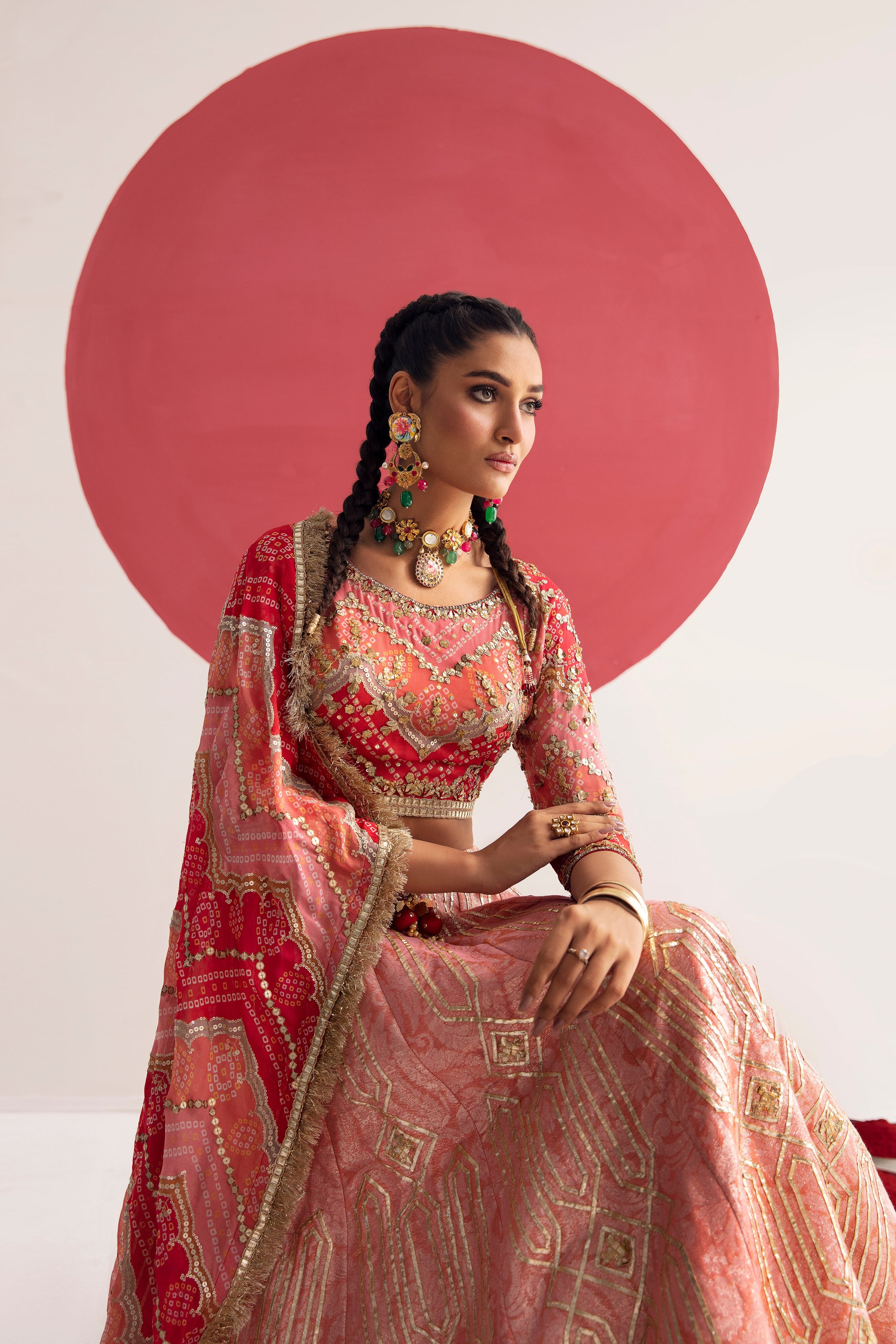 Pakistani Tango Red Zardozi Silk Georgette & Jamawar Lehenga (3-Piece) - Image 5