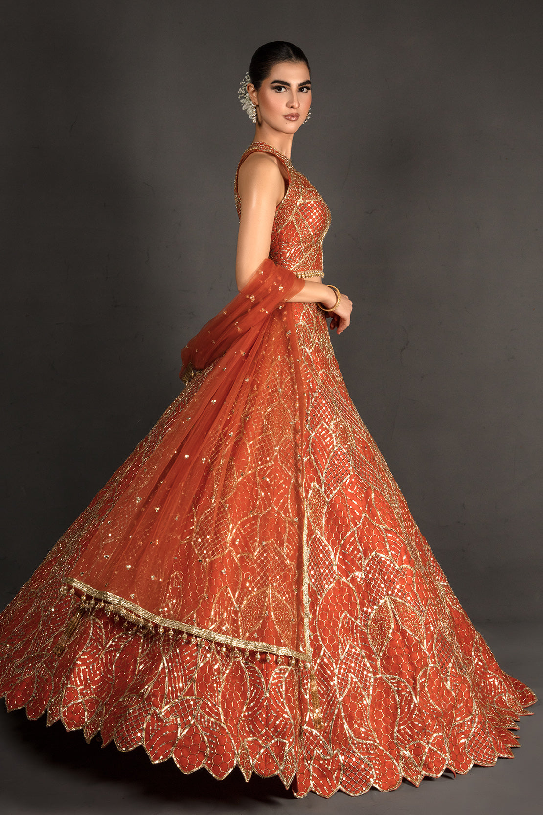 Pakistani Rust Red Embroidered Silk Lehenga Choli (3-Piece) - Image 3