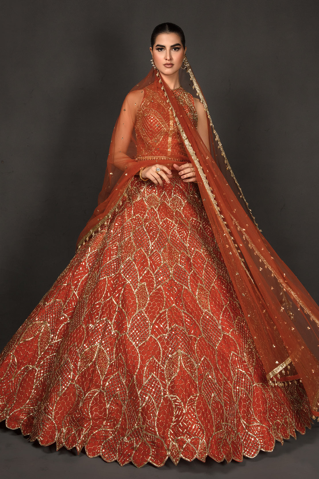 Pakistani Rust Red Embroidered Silk Lehenga Choli (3-Piece) - Image 4