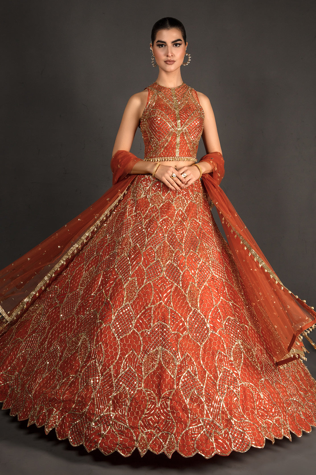 Pakistani Rust Red Embroidered Silk Lehenga Choli (3-Piece) - Image 5