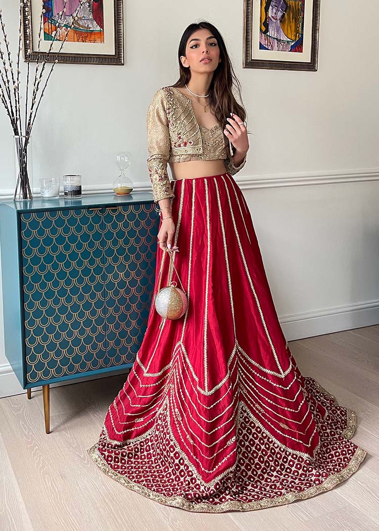 Pakistani Crimson Red Embroidered Silk Lehenga (2-Piece) - Image 1