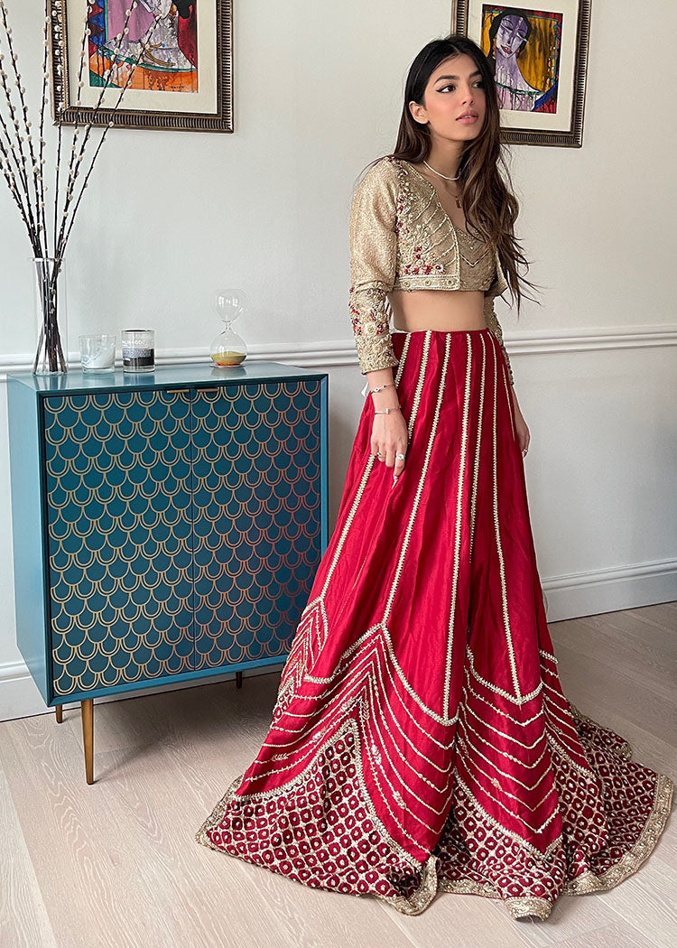 Pakistani Crimson Red Embroidered Silk Lehenga (2-Piece) - Image 10