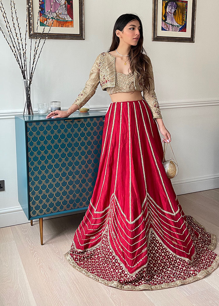Pakistani Crimson Red Embroidered Silk Lehenga (2-Piece) - Image 2