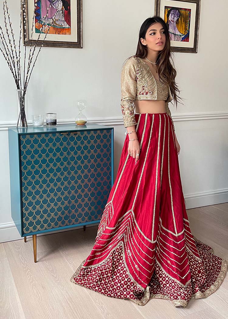 Pakistani Crimson Red Embroidered Silk Lehenga (2-Piece) - Image 3