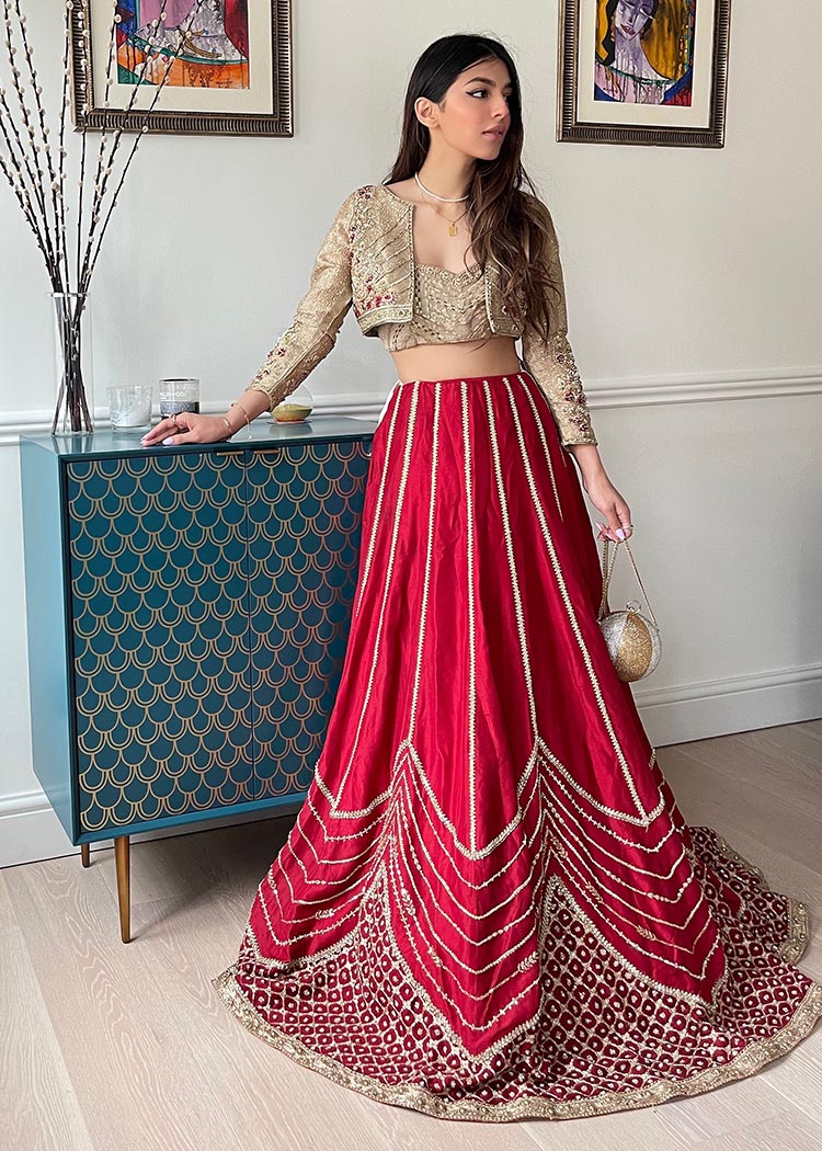 Pakistani Crimson Red Embroidered Silk Lehenga (2-Piece) - Image 4