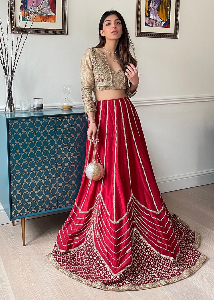 Pakistani Crimson Red Embroidered Silk Lehenga (2-Piece) - Image 5