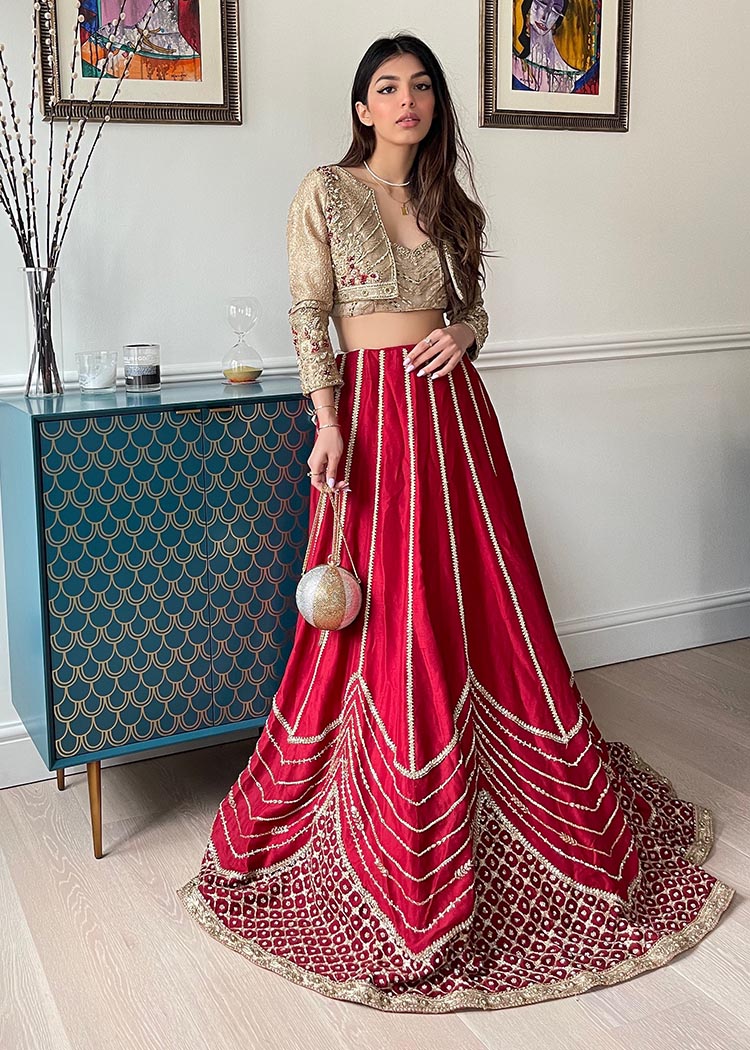 Pakistani Crimson Red Embroidered Silk Lehenga (2-Piece) - Image 6