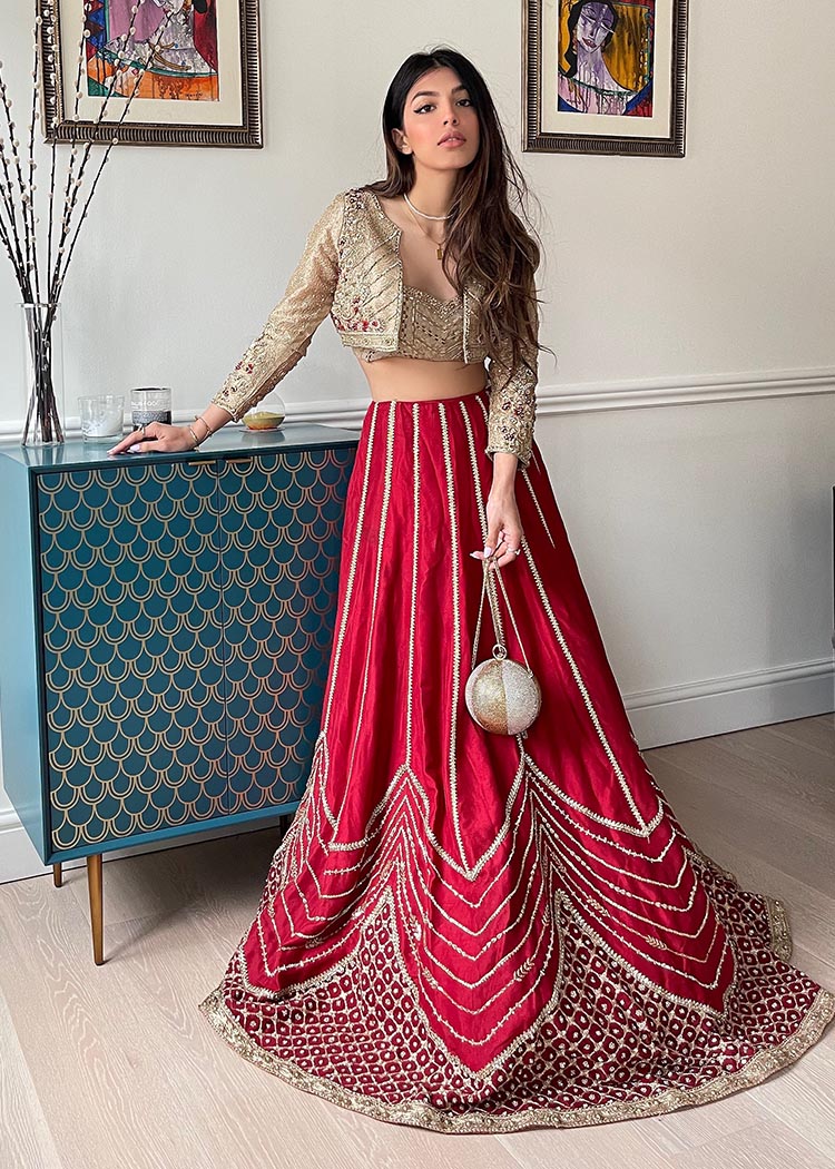 Pakistani Crimson Red Embroidered Silk Lehenga (2-Piece) - Image 8