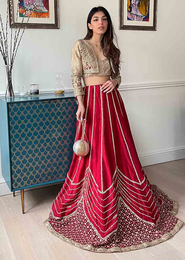 Pakistani Crimson Red Embroidered Silk Lehenga (2-Piece) - Image 9