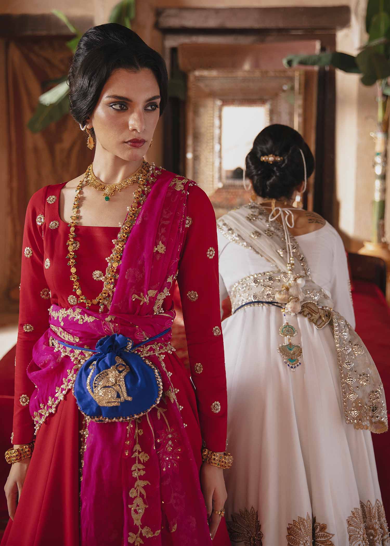 Ruby Red Embroidered Silk Pishwas Dress (3-Piece) - Image 2