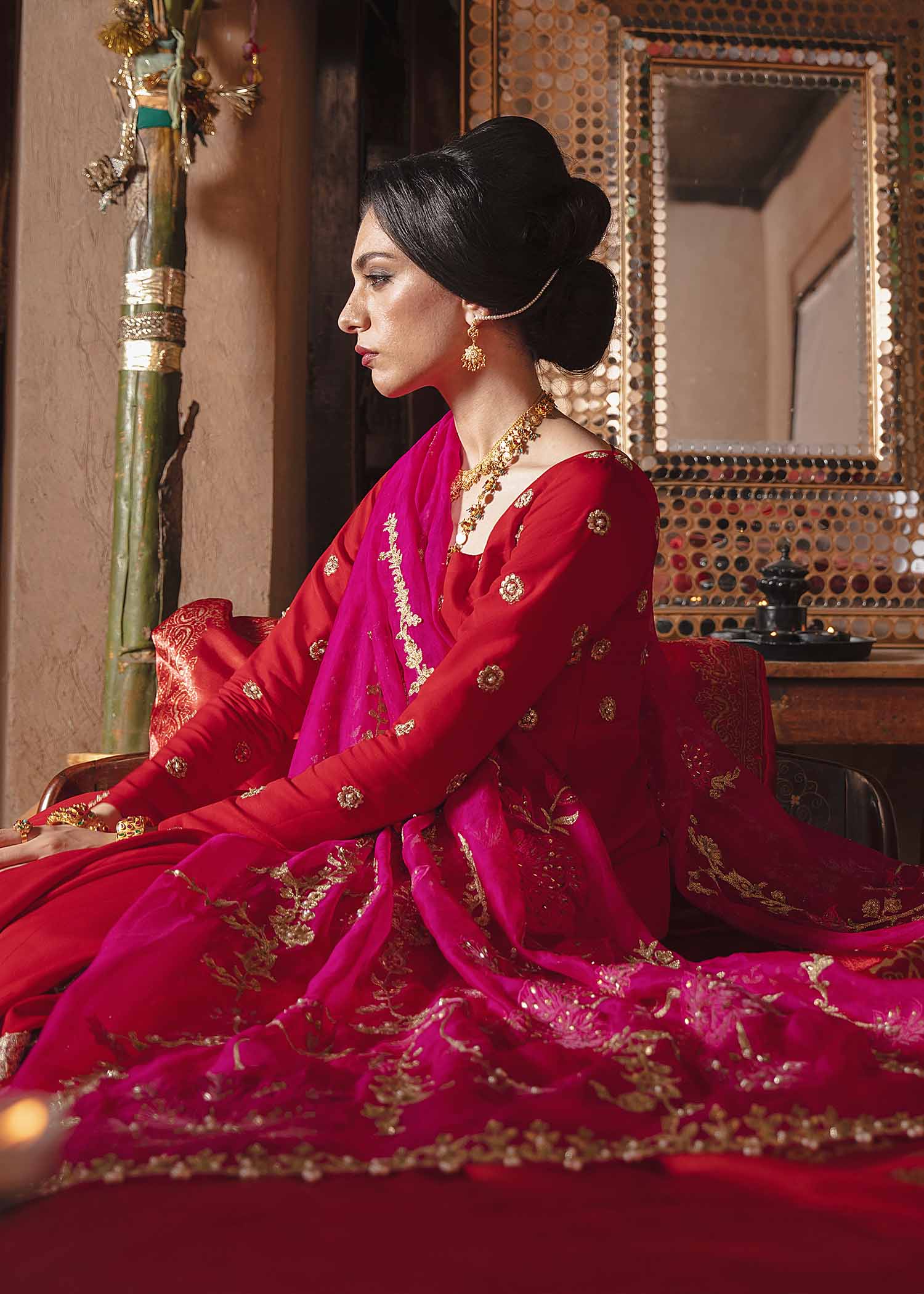 Ruby Red Embroidered Silk Pishwas Dress (3-Piece) - Image 4