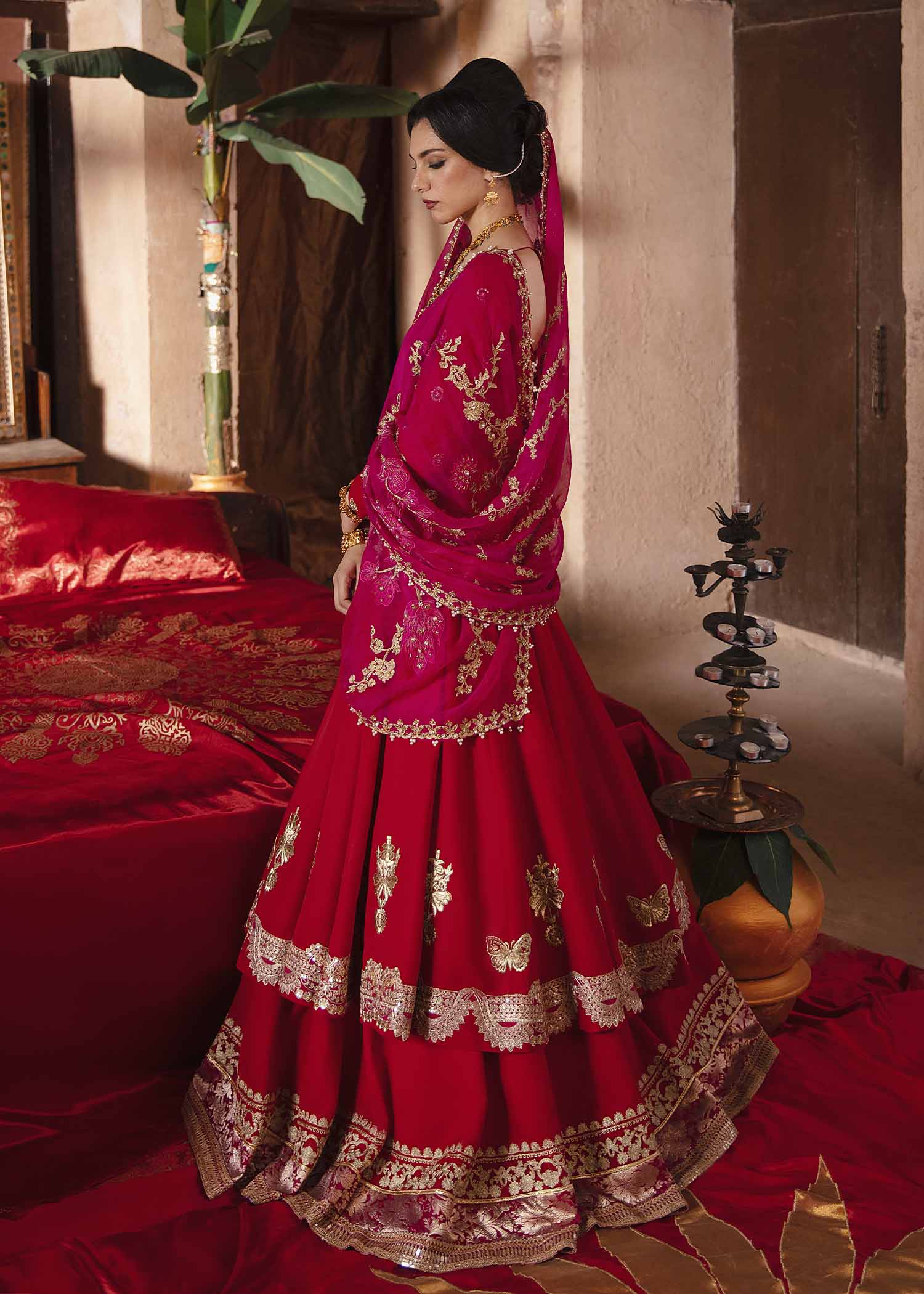 Ruby Red Embroidered Silk Pishwas Dress (3-Piece) - Image 5