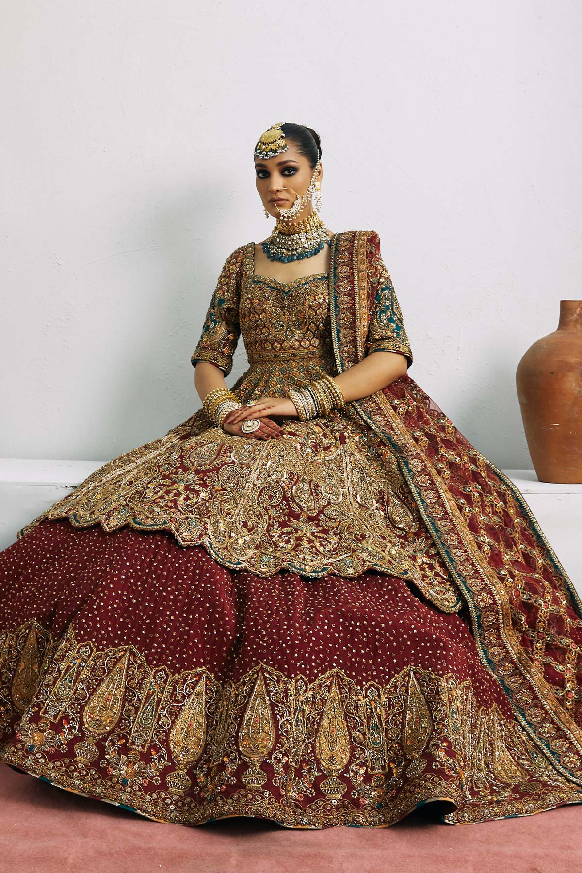 Pakistani Carmine Red Embroidered Silk & Net Bridal Lehenga Choli (3-Piece) - Image 2