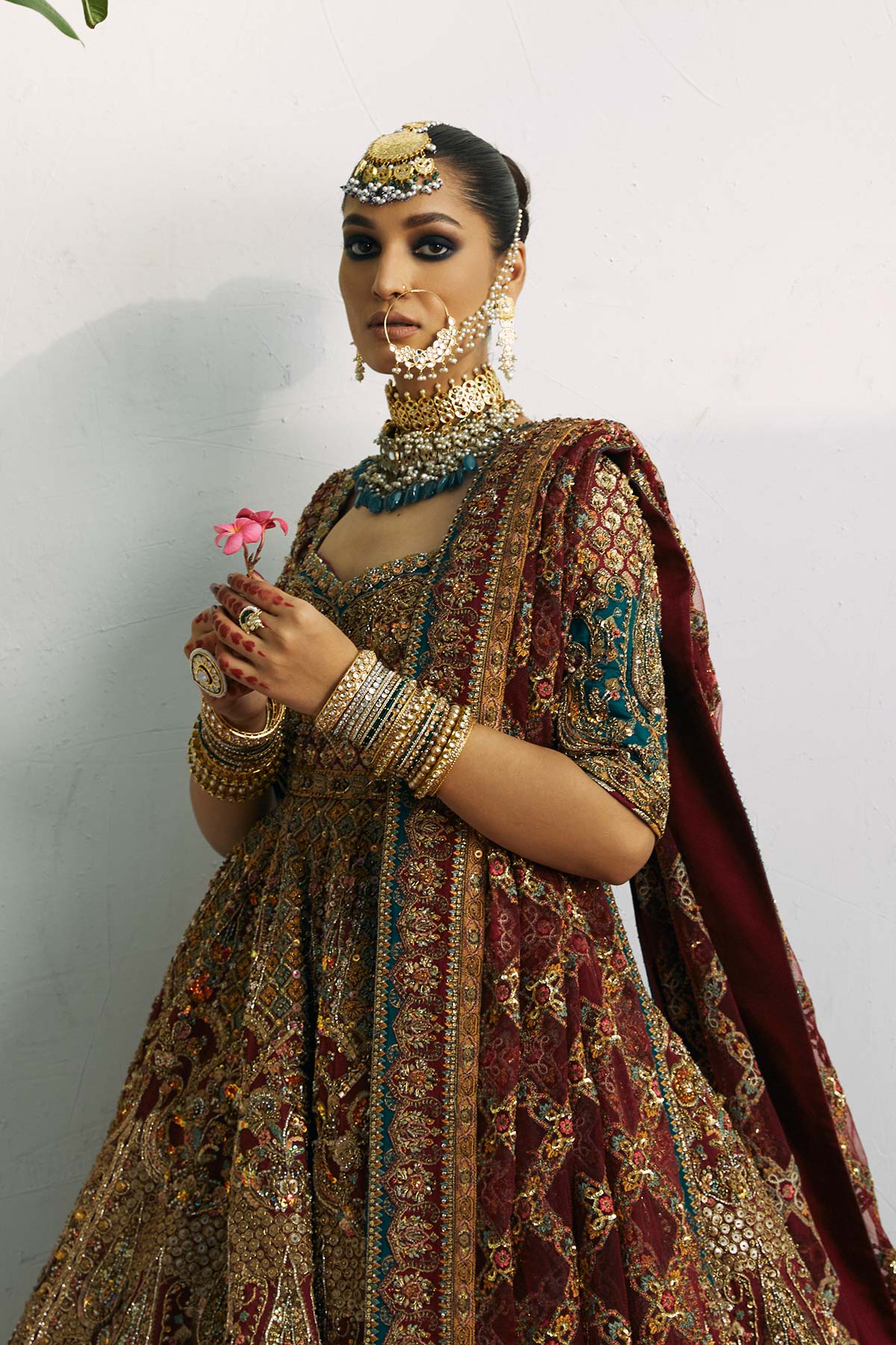 Pakistani Carmine Red Embroidered Silk & Net Bridal Lehenga Choli (3-Piece) - Image 3