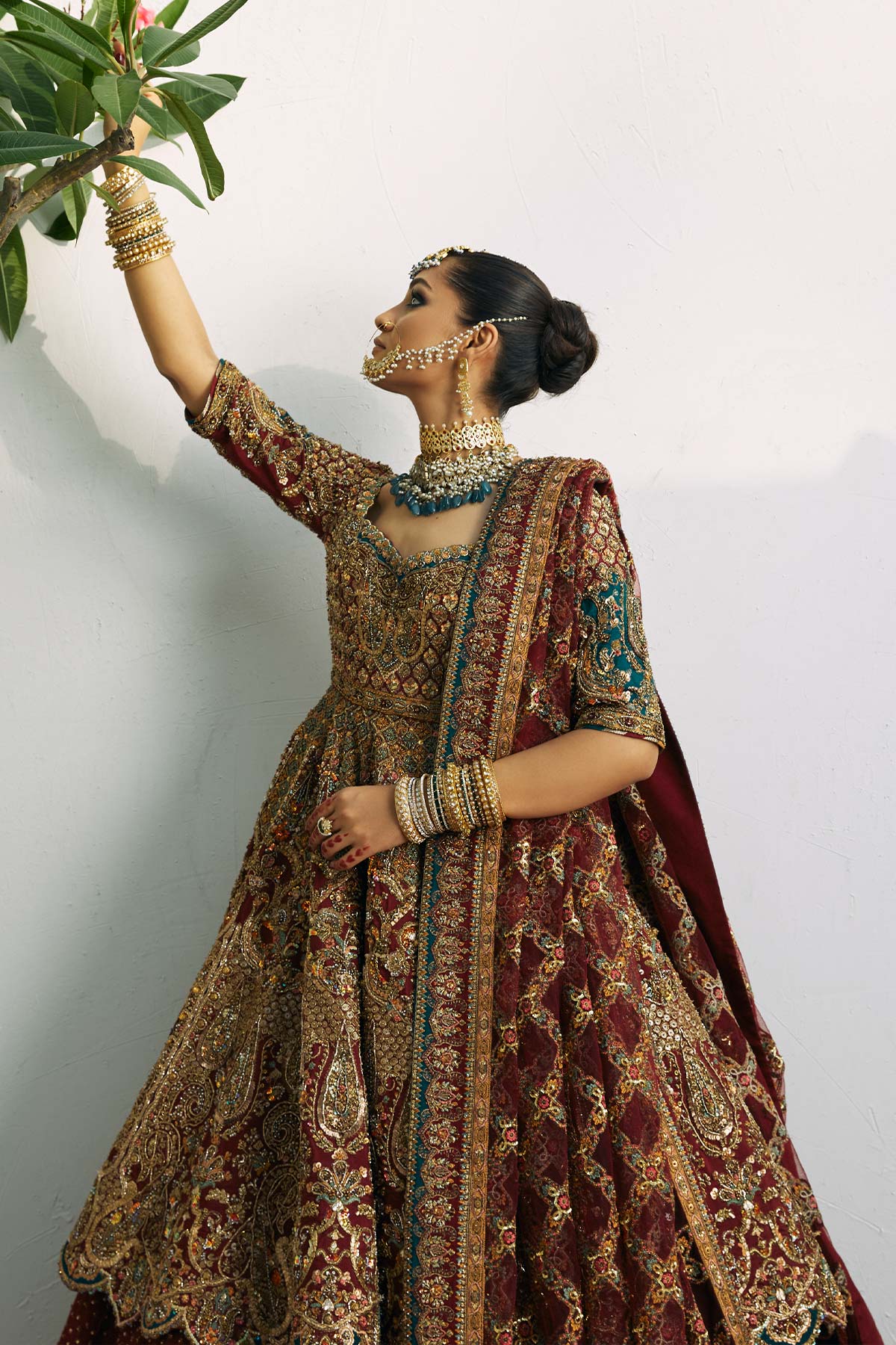 Pakistani Carmine Red Embroidered Silk & Net Bridal Lehenga Choli (3-Piece) - Image 4